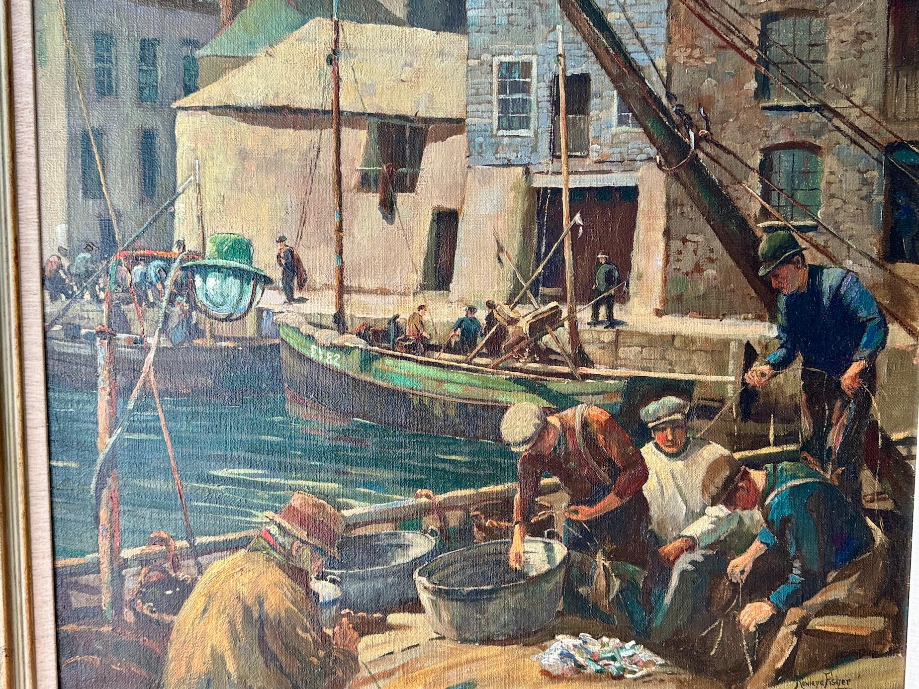 English School Newlyn Impressionist Pescadores clasificando pescado en el puerto de Mevagissey en venta 6