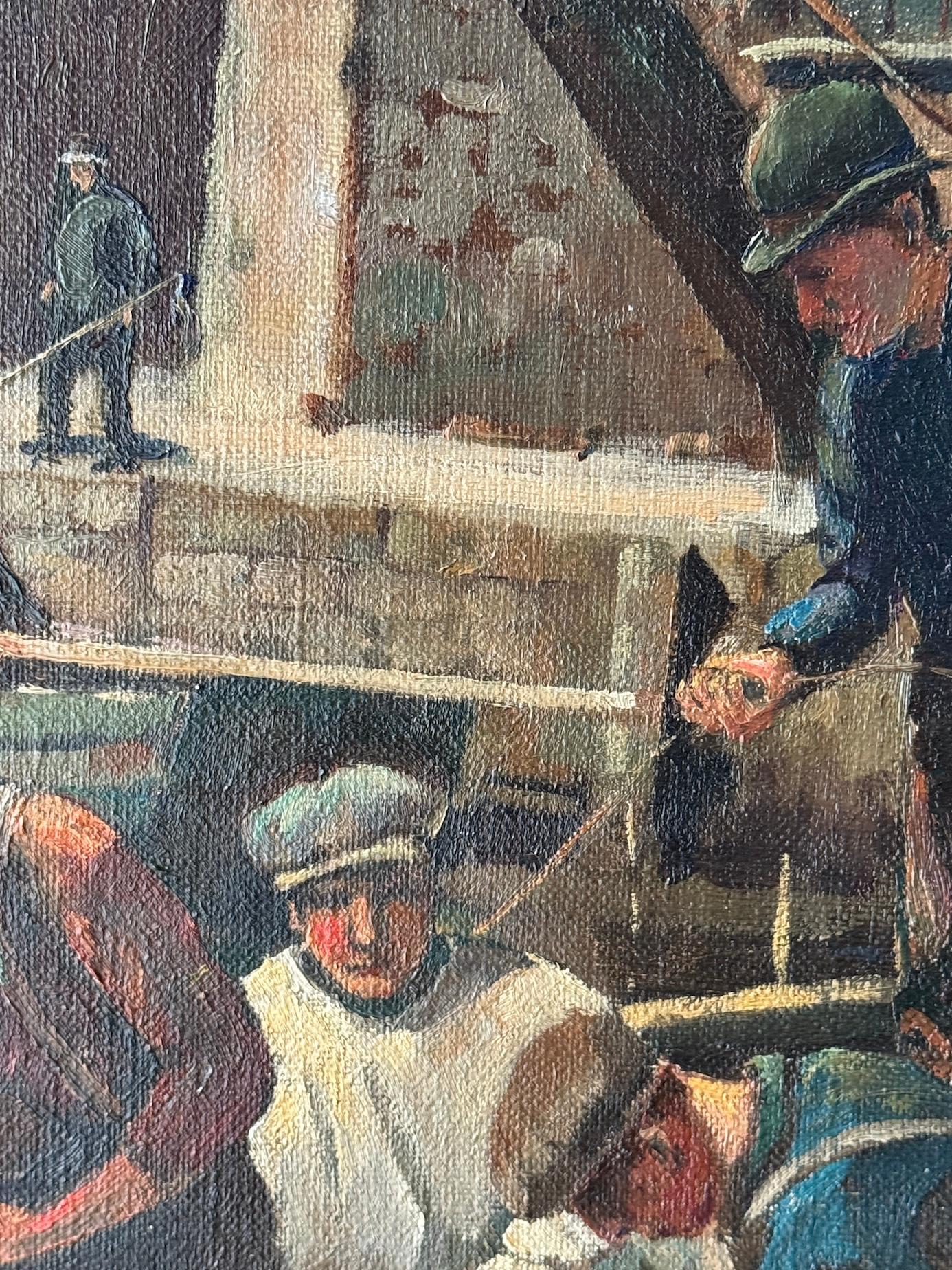 English School Newlyn Impressionist Pescadores clasificando pescado en el puerto de Mevagissey - Painting de Roland Fisher