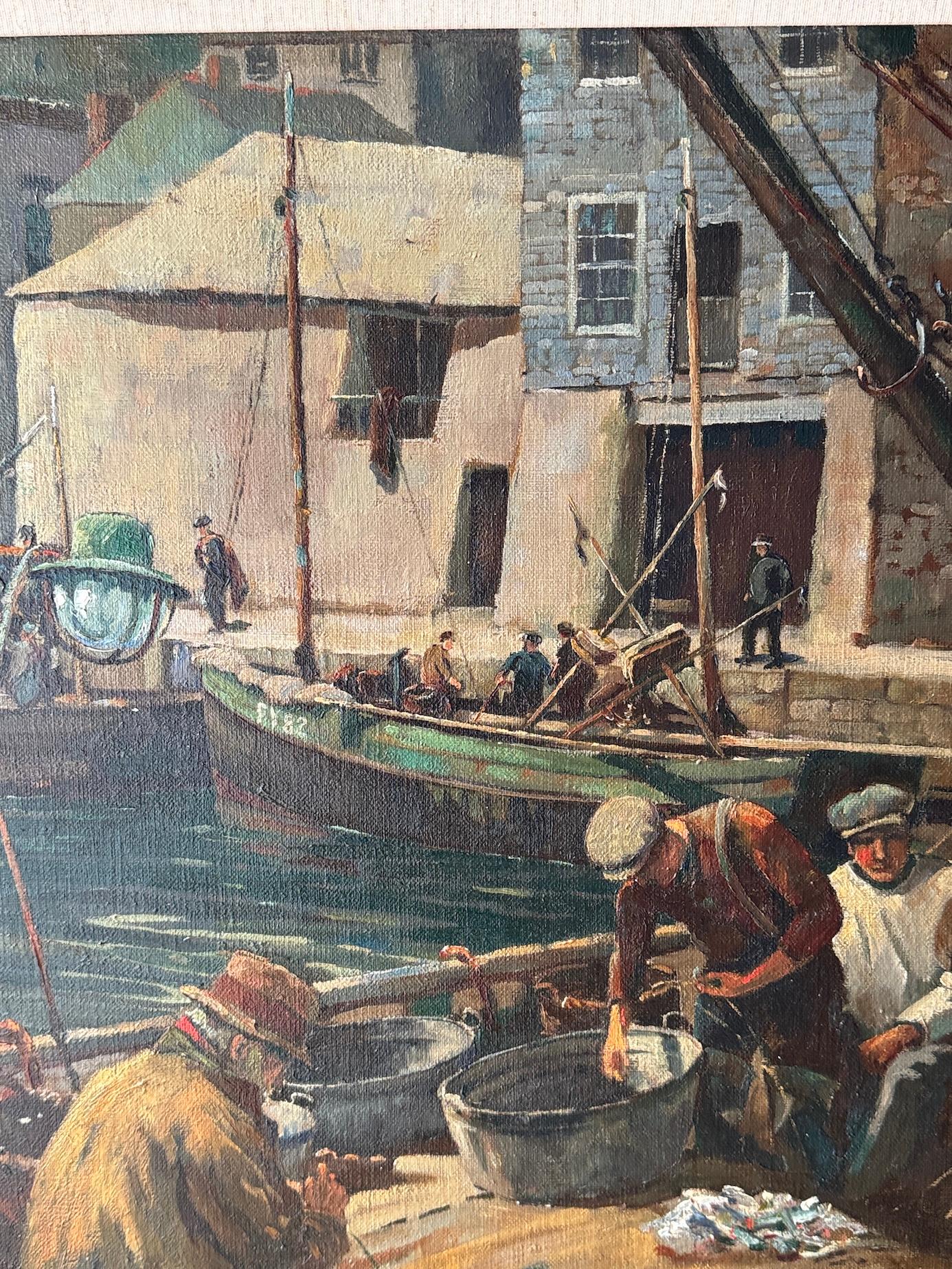 English School Newlyn Impressionist Pescadores clasificando pescado en el puerto de Mevagissey - Painting Impresionista de Roland Fisher