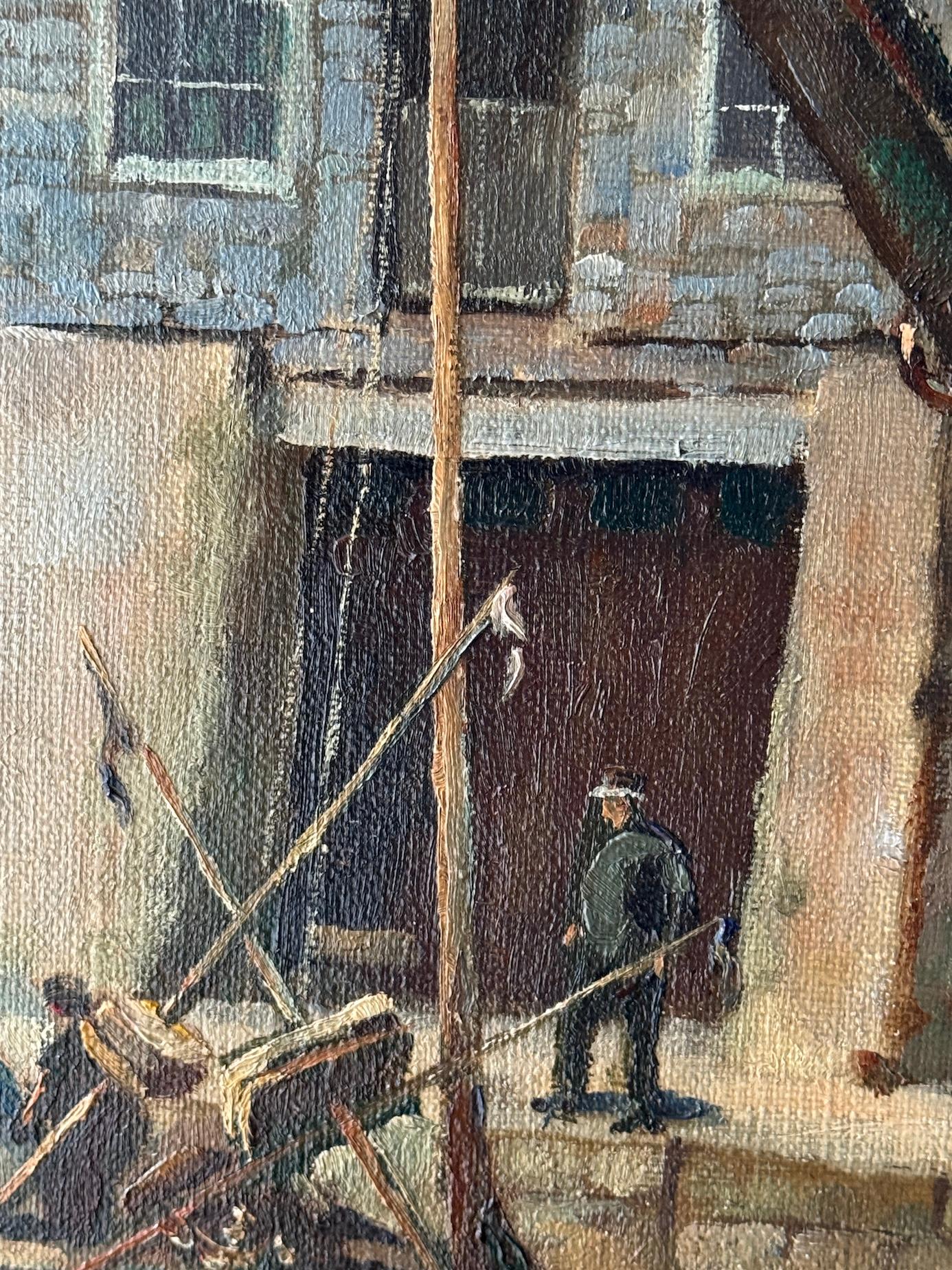 English School Newlyn Impressionist Pescadores clasificando pescado en el puerto de Mevagissey - Figurative Painting Marrón de Roland Fisher