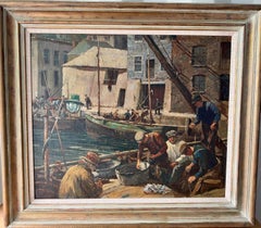 English Newlyn school Impressionist Fishermen sorting fish in Mevagissey Harbour