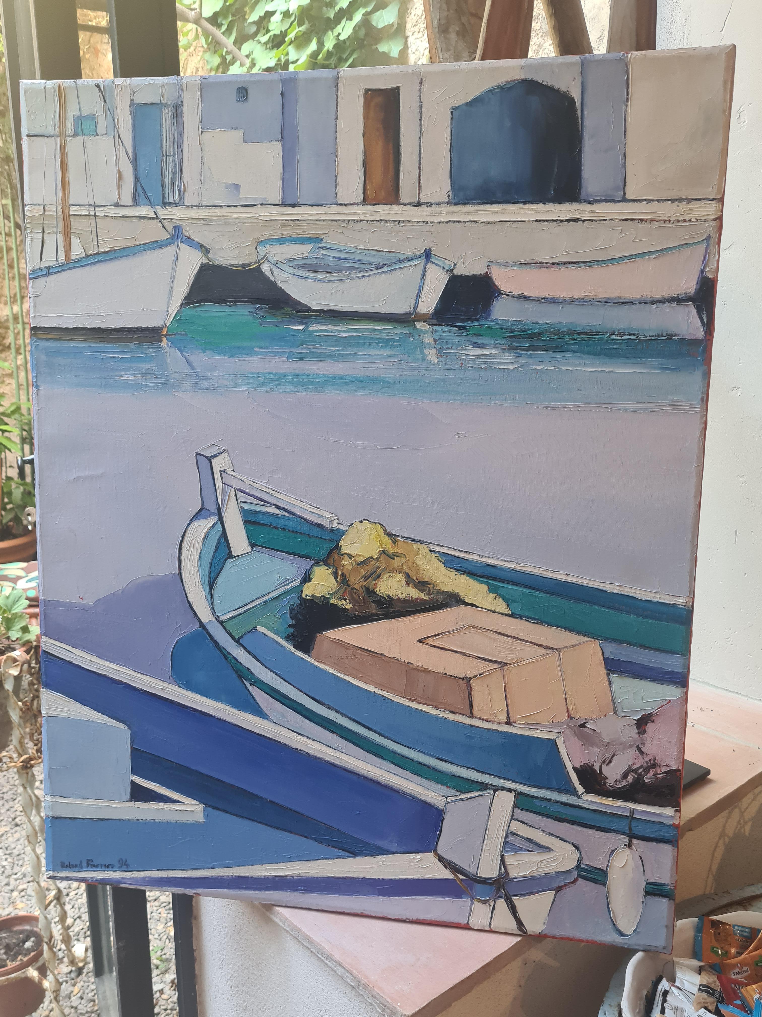 Scène marine, bateaux au port, huile sur toile en vente 5
