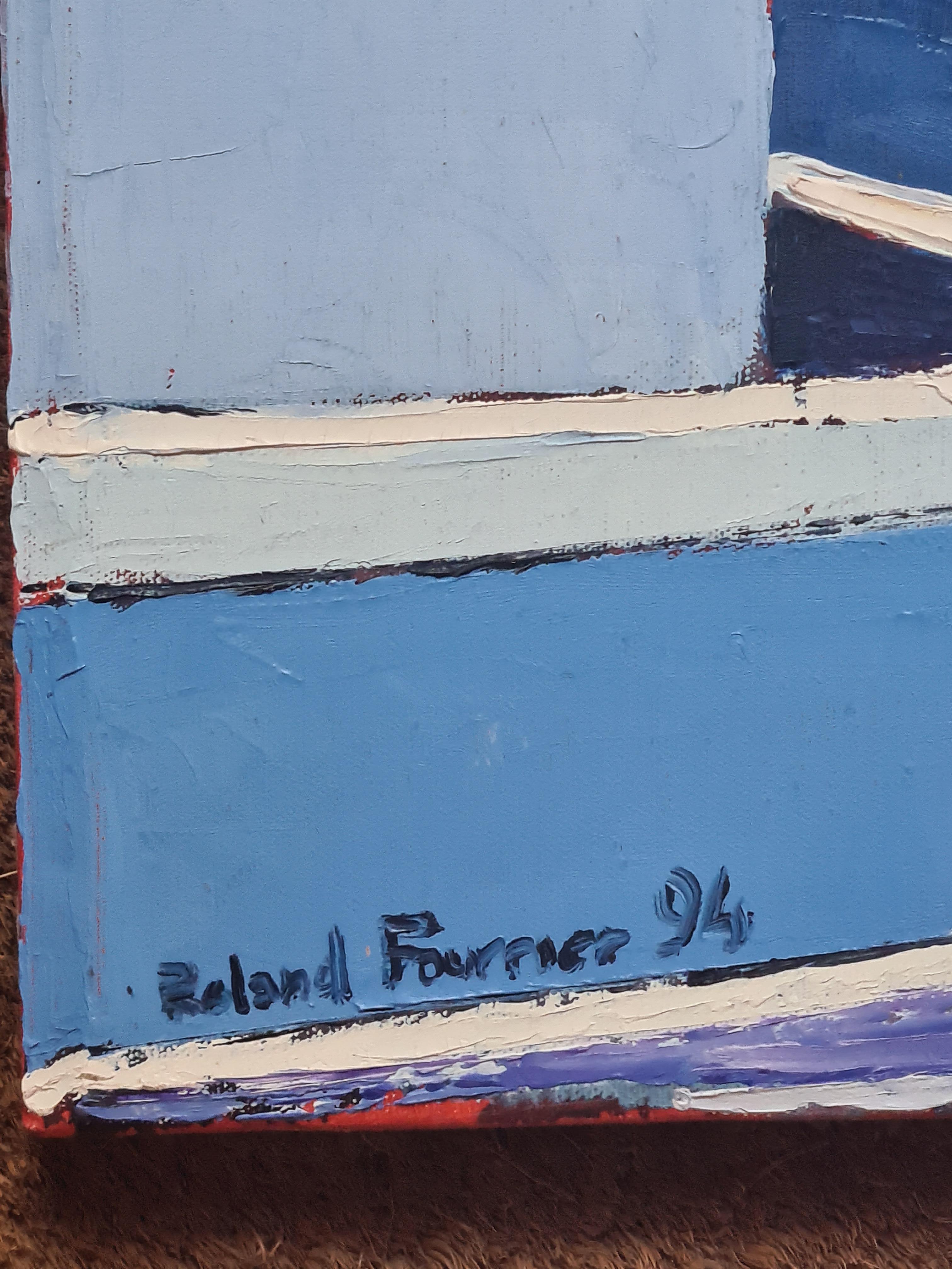 Scène marine, bateaux au port, huile sur toile - Painting de Roland Fourrier