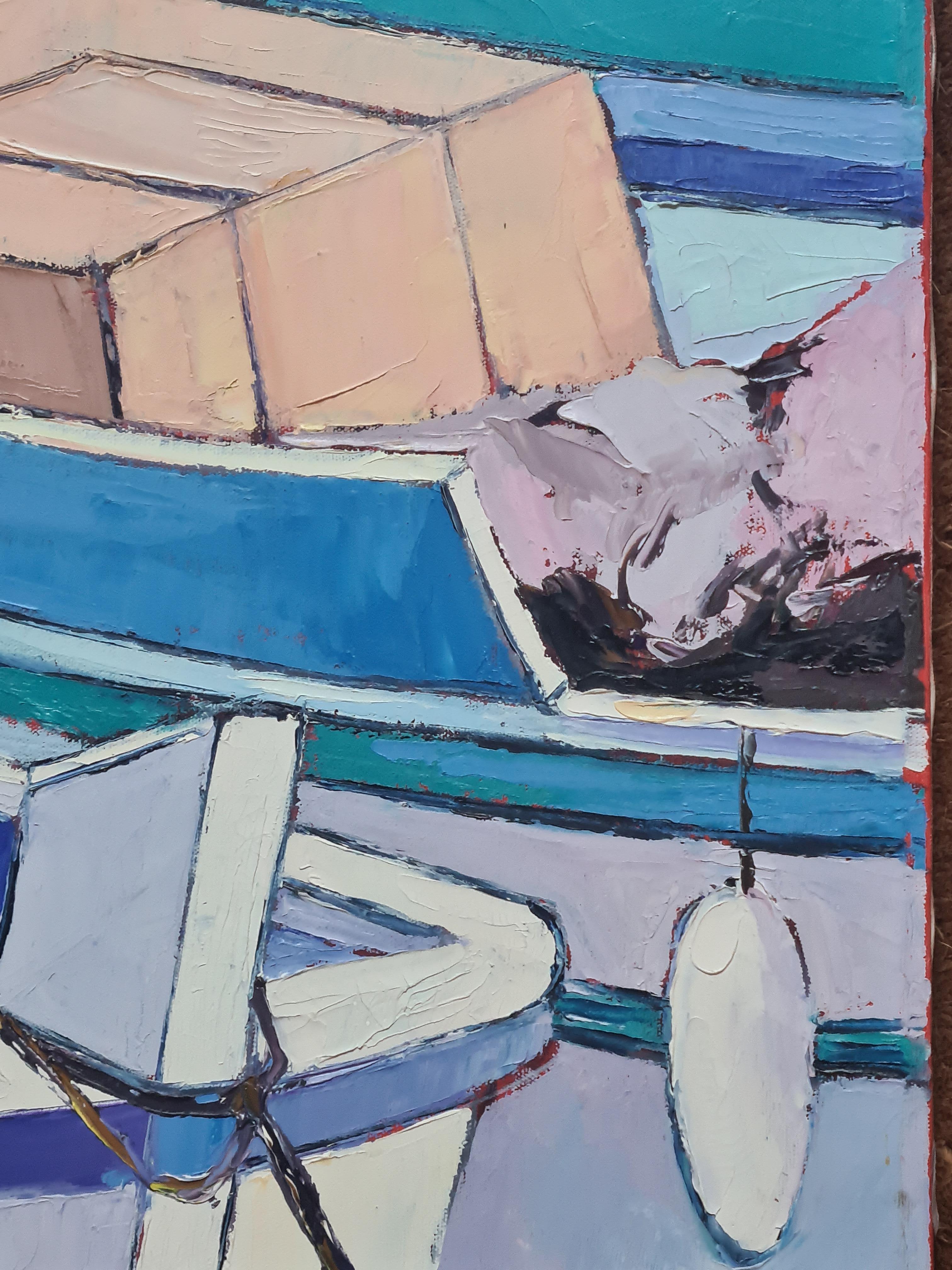 Scène marine, bateaux au port, huile sur toile - Moderne Painting par Roland Fourrier