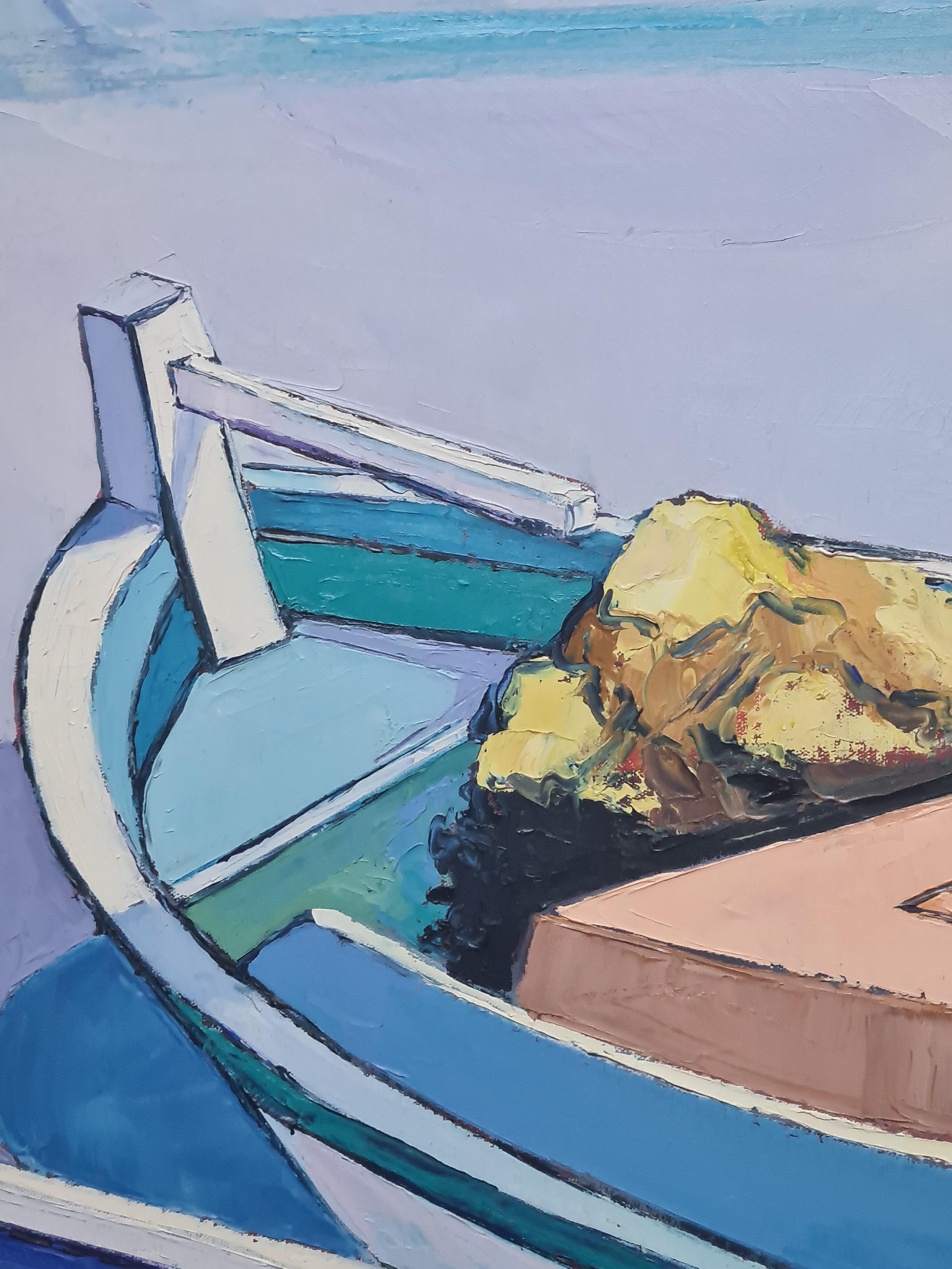 Scène marine, bateaux au port, huile sur toile - Gris Landscape Painting par Roland Fourrier