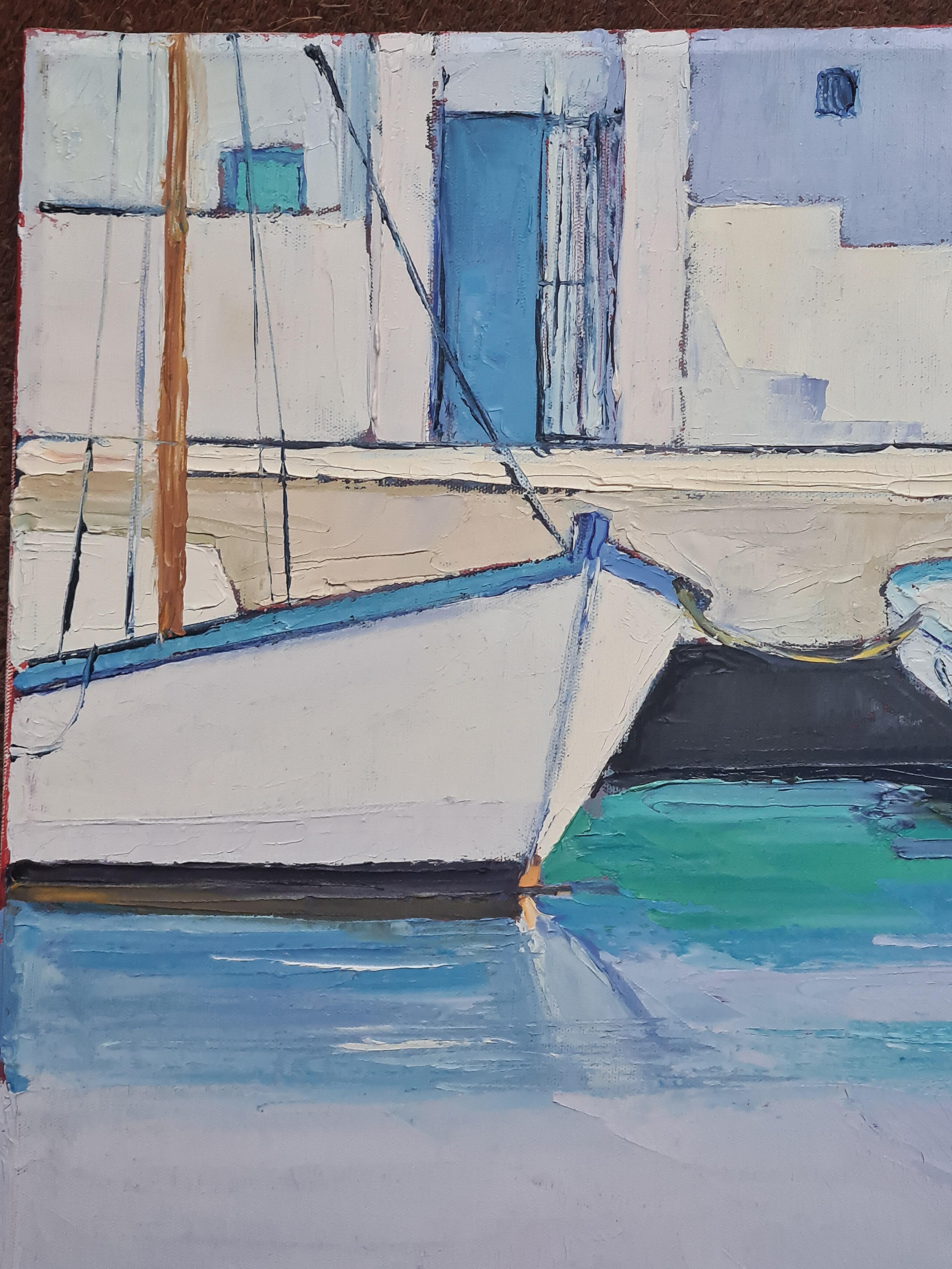 Scène marine, bateaux dans le port, huile sur toile de Roland Fourrier. Le tableau est signé et daté en bas à gauche.

Cette magnifique peinture présente une scène de marina sereine avec des couleurs vibrantes et audacieuses et une précision