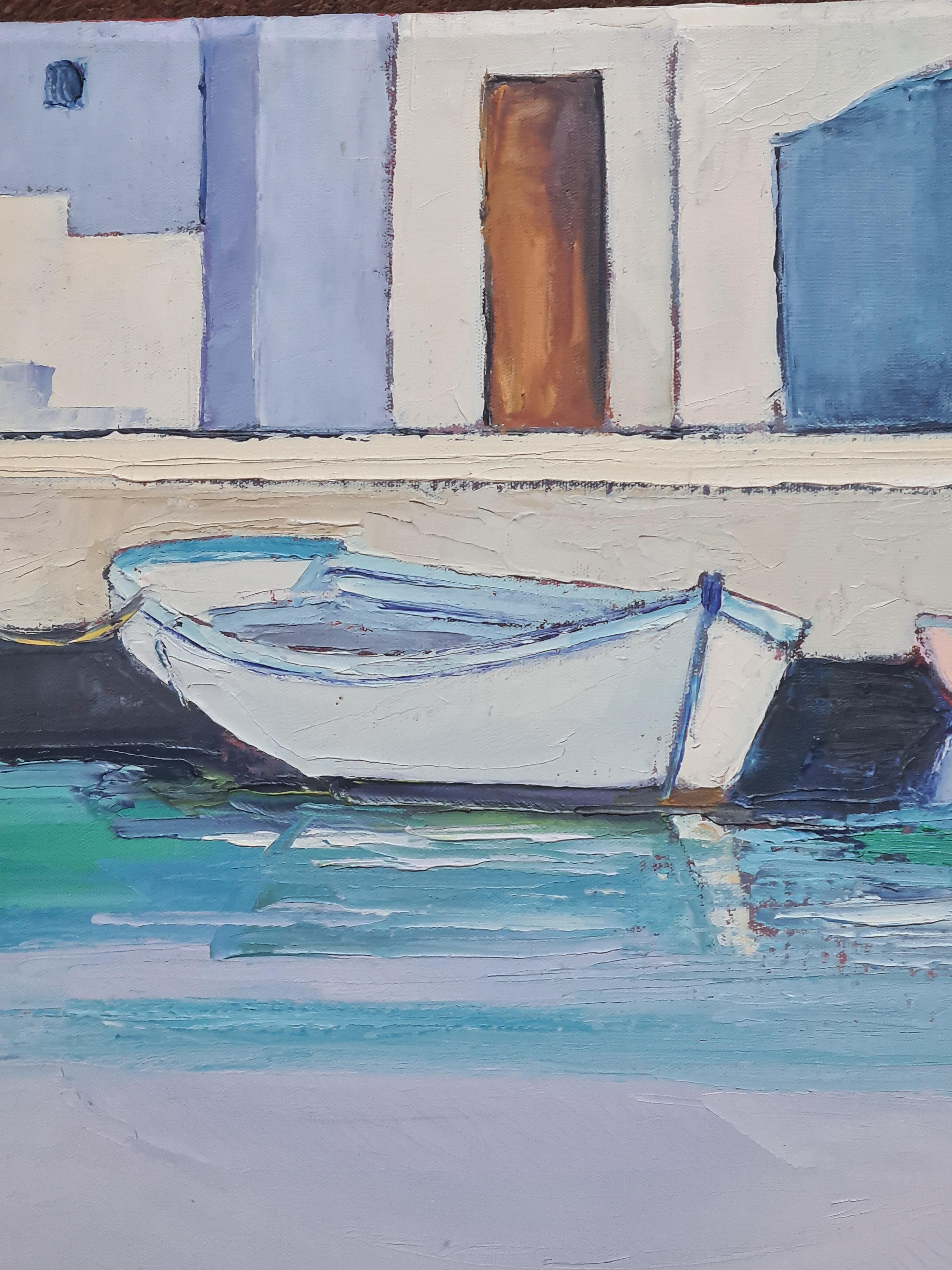Scène marine, bateaux au port, huile sur toile en vente 1