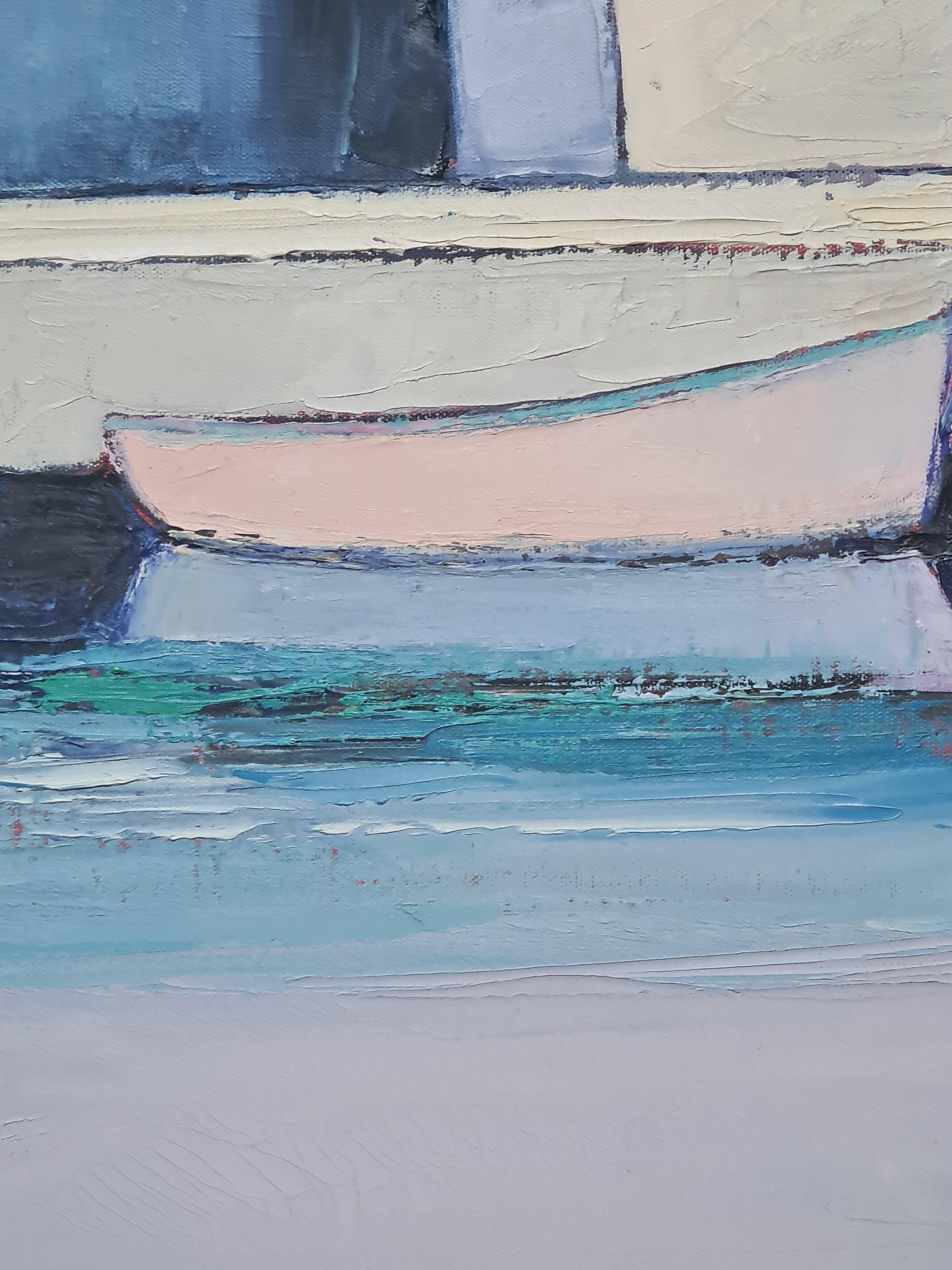 Scène marine, bateaux au port, huile sur toile en vente 2
