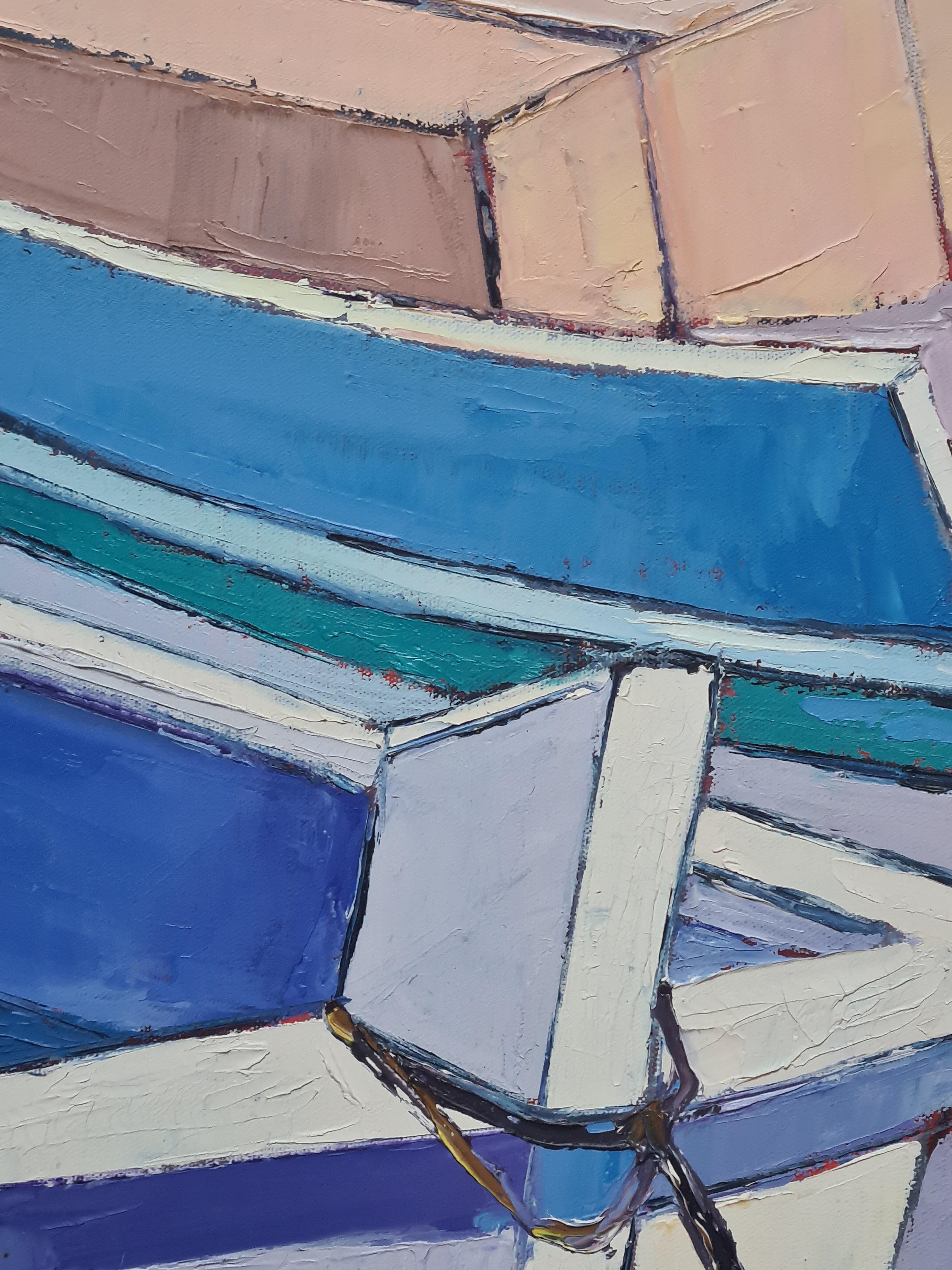 Scène marine, bateaux au port, huile sur toile en vente 4