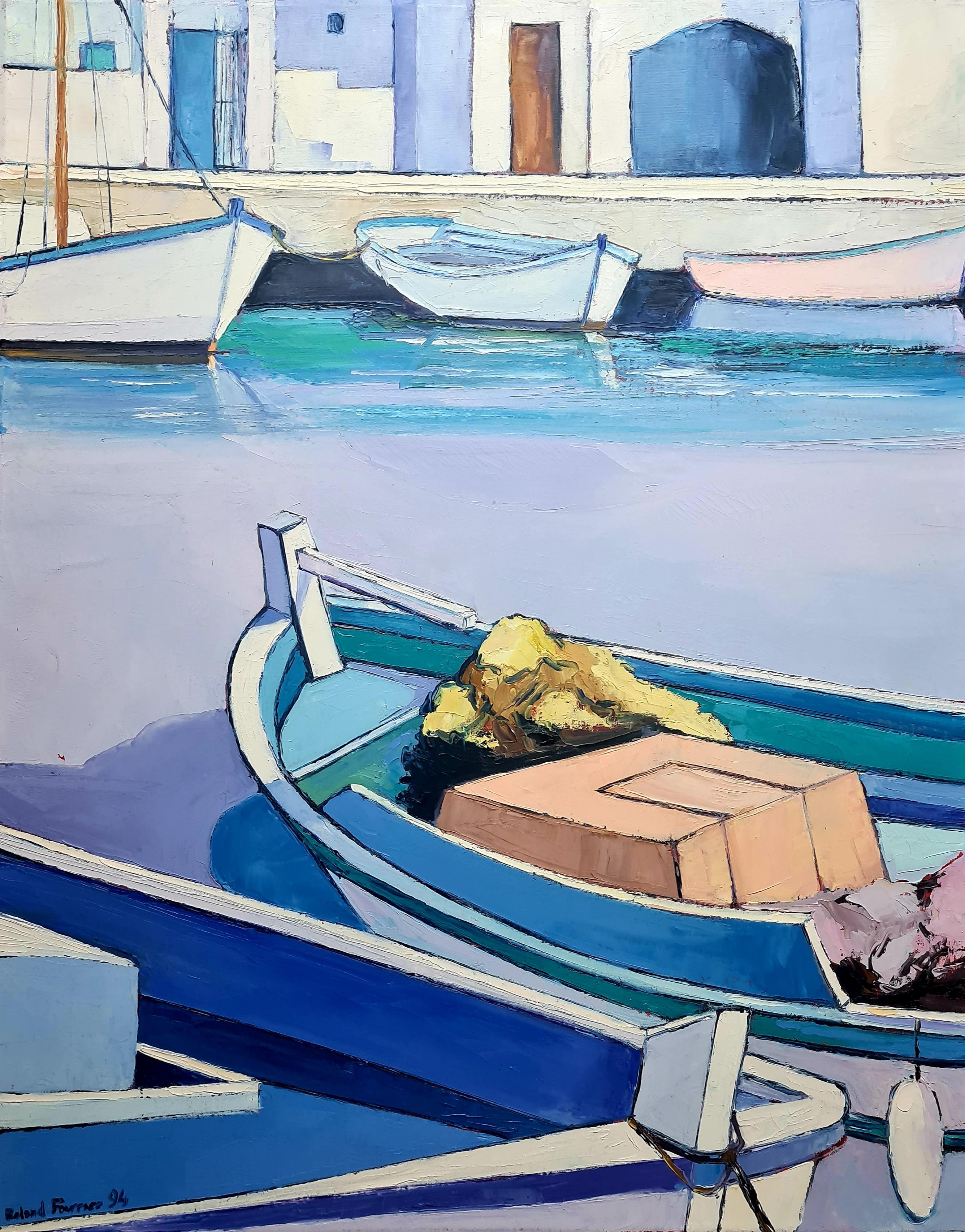 Landscape Painting Roland Fourrier - Scène marine, bateaux au port, huile sur toile