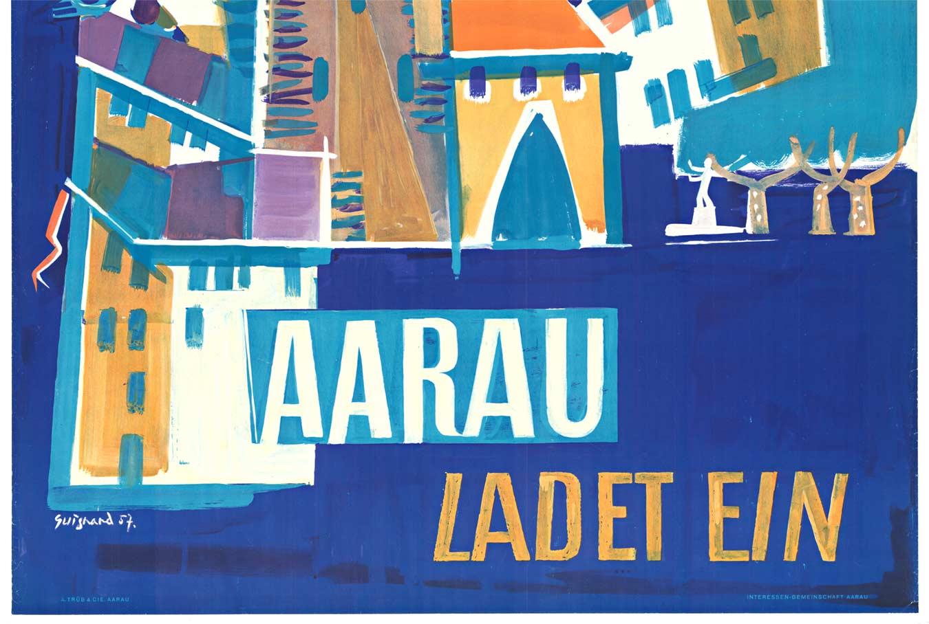 Original 'Aarau Ladet Ein' vintage Swiss travel poster - Blue Abstract Print by Roland Guignand
