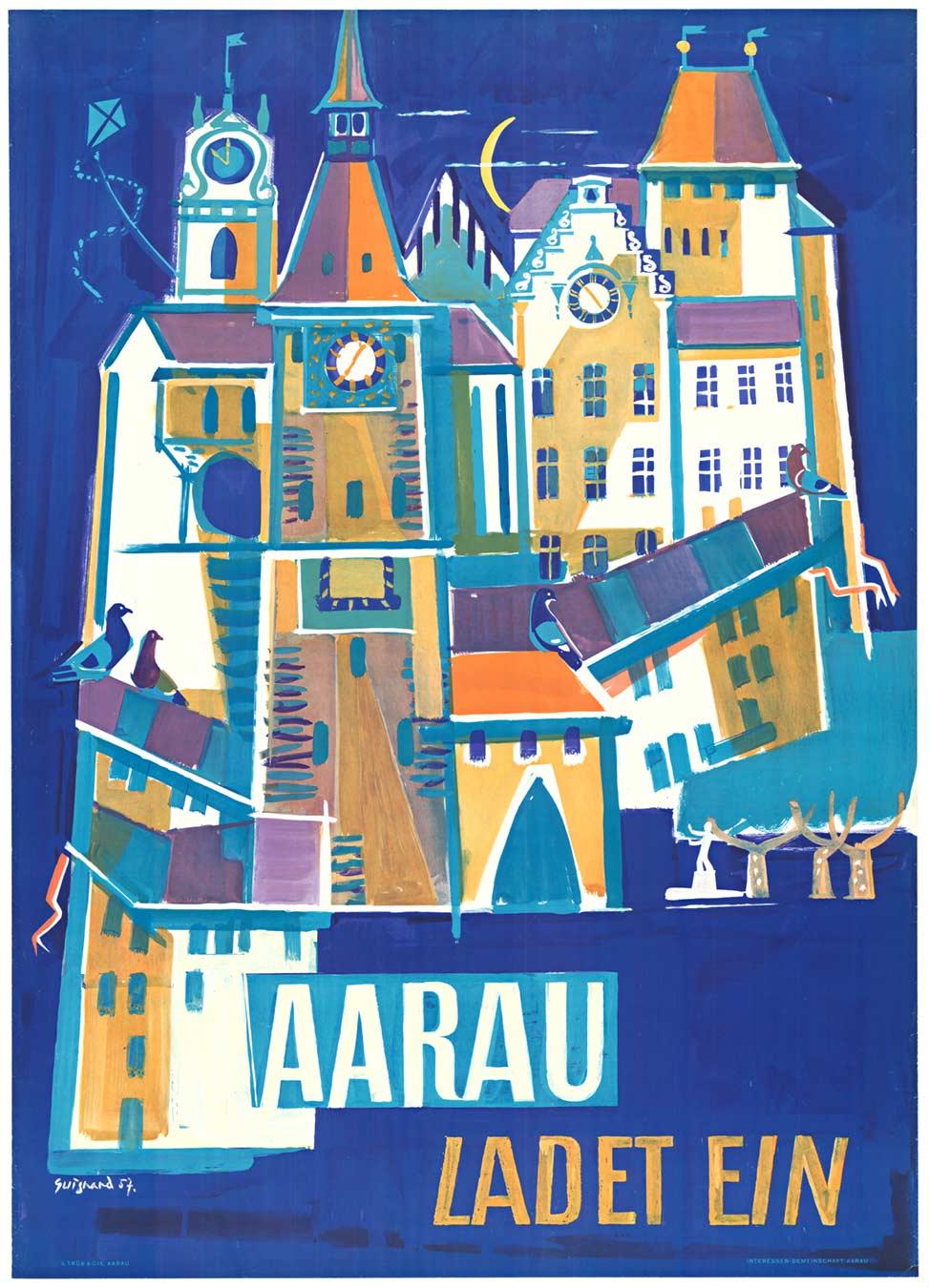 Roland Guignand Abstract Print – Originales Vintage-Reiseplakat „Aarau Ladet Ein“ aus der Schweiz