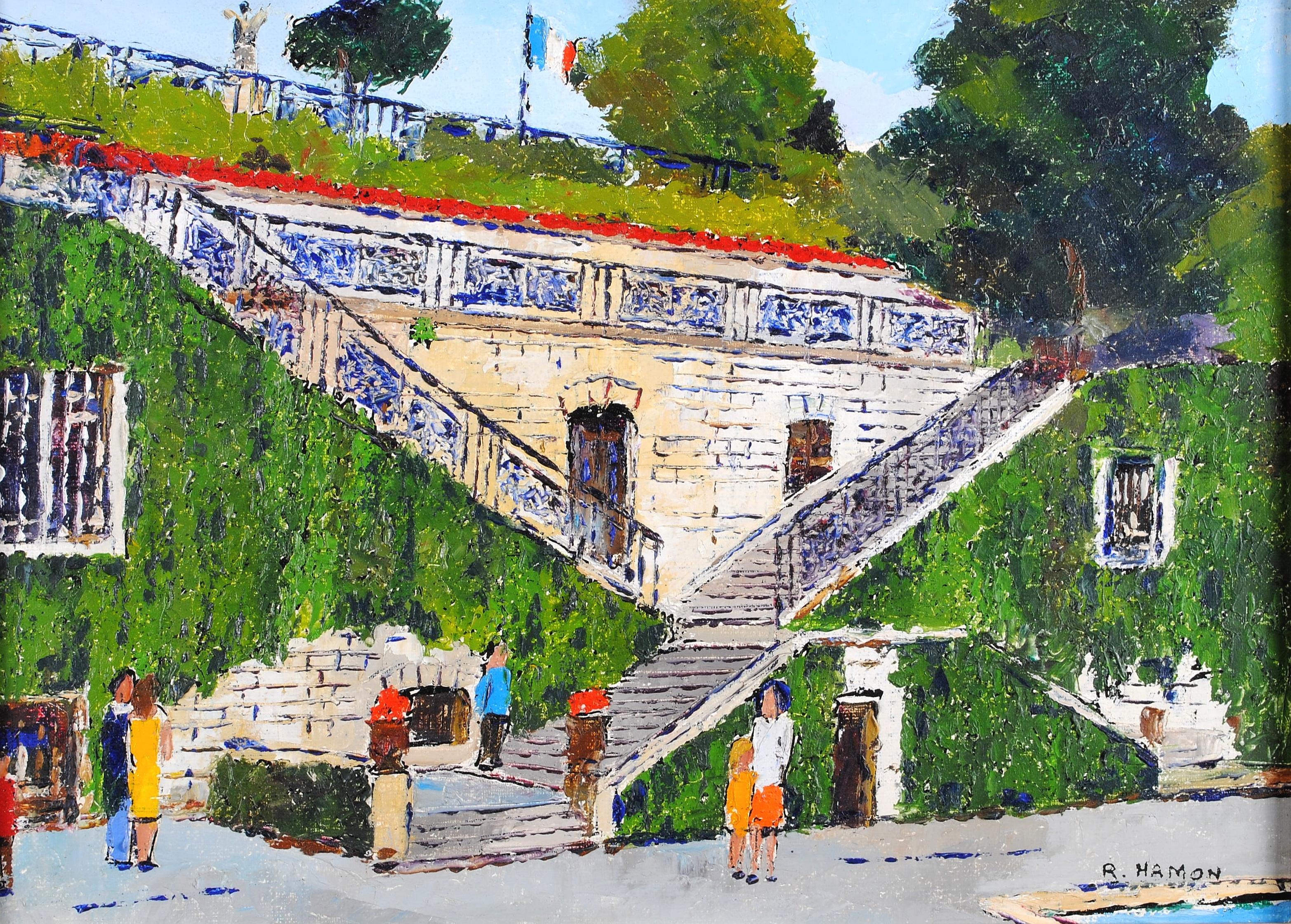 Staircase of the Old Chateau - Modern French Street Landscape Figures Painting - Beige Landscape Painting by Roland Hamon