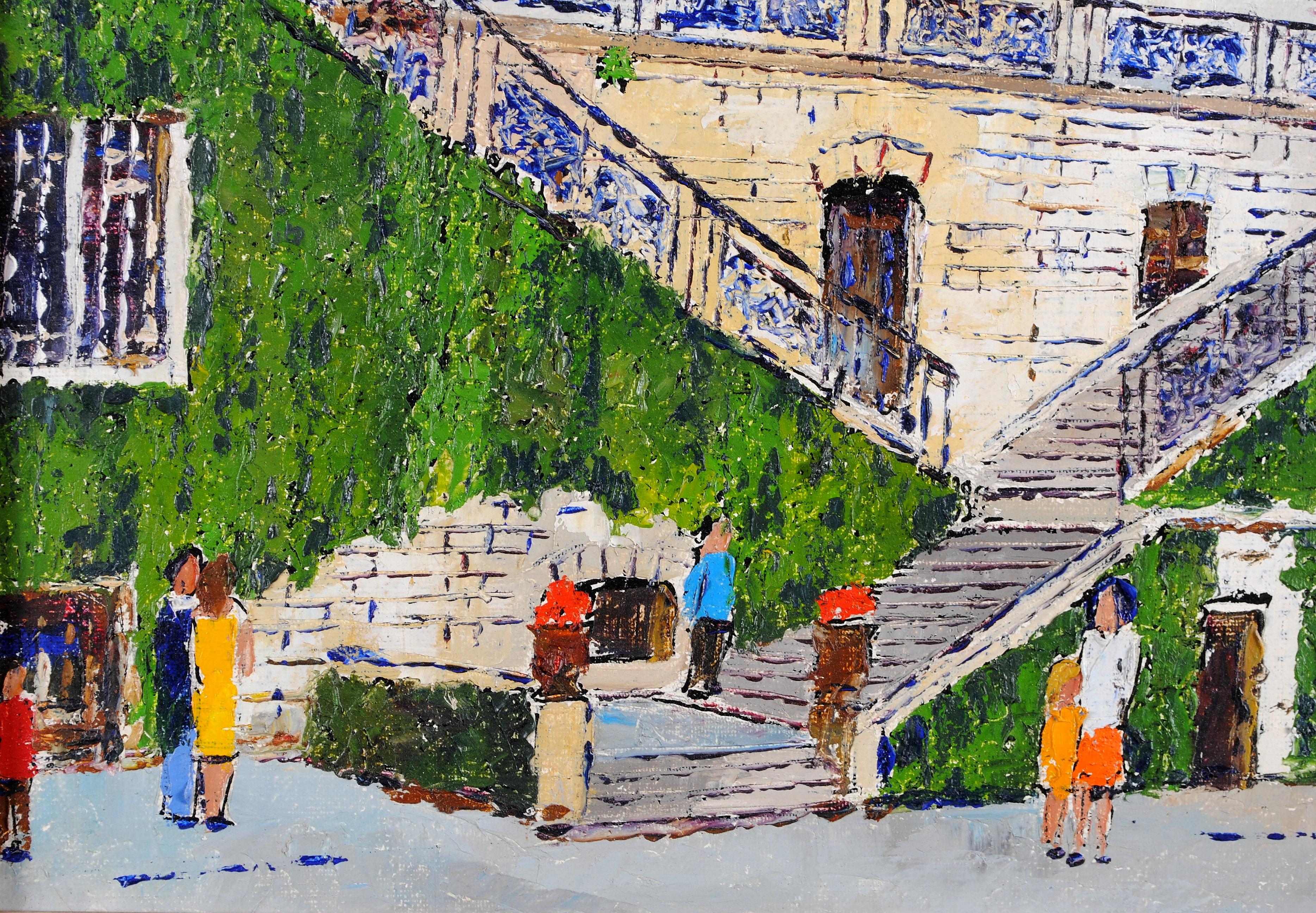 A beautiful c.1970 French modernist oil on canvas depicting a large staircase with figures, by Roland Hamon.

The work is signed lower right and presented in a beautiful painted frame. Inscribed on the reverse 
