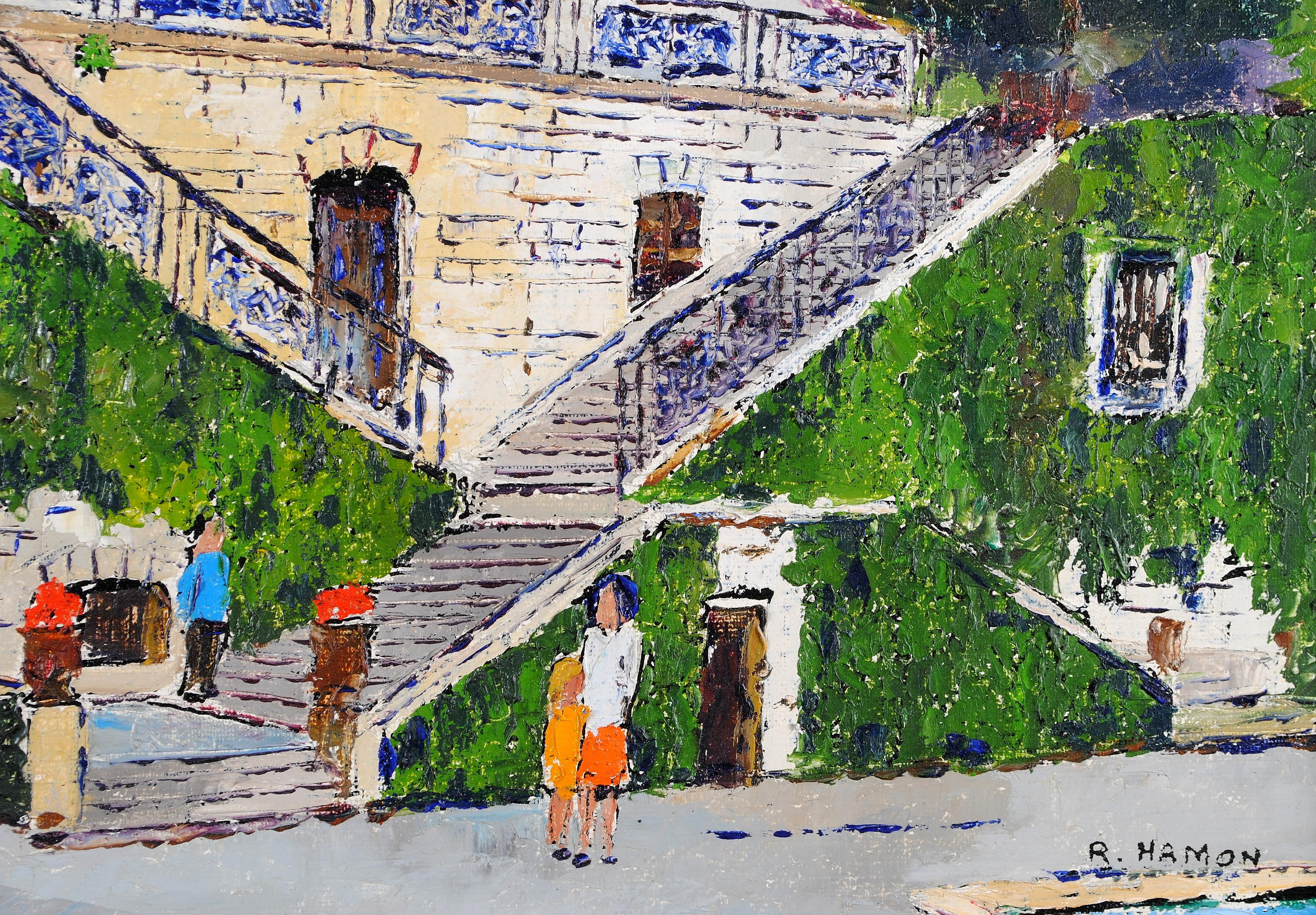 Staircase of the Old Chateau - Modern French Street Landscape Figures Painting For Sale 1