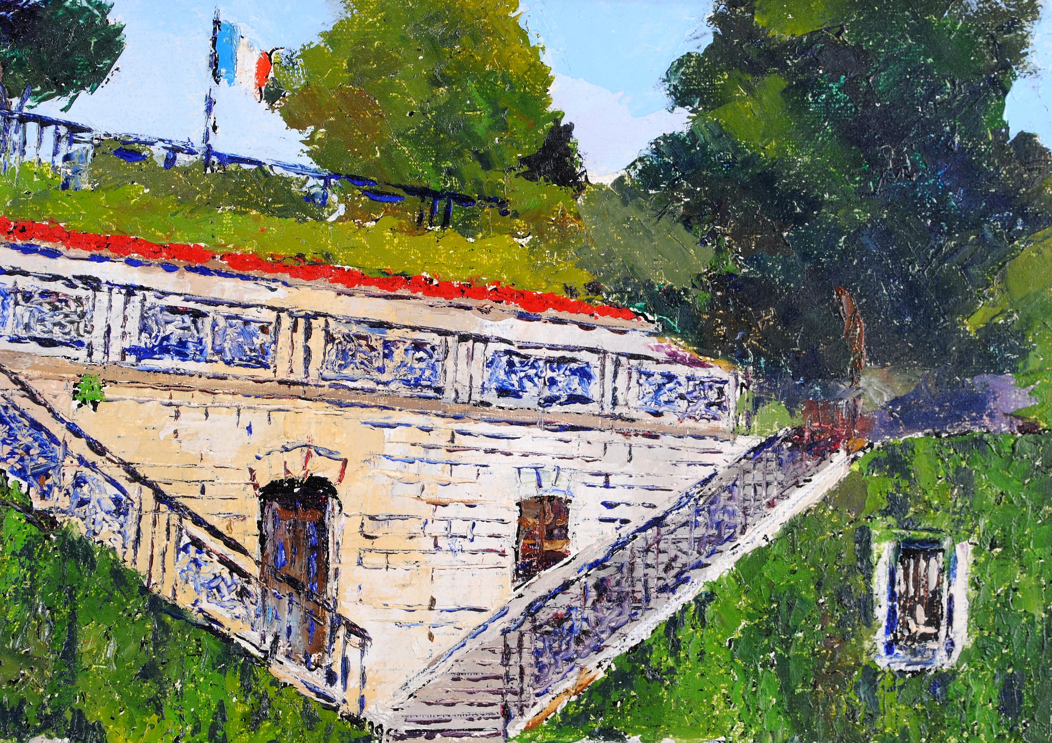 Staircase of the Old Chateau - Modern French Street Landscape Figures Painting For Sale 2