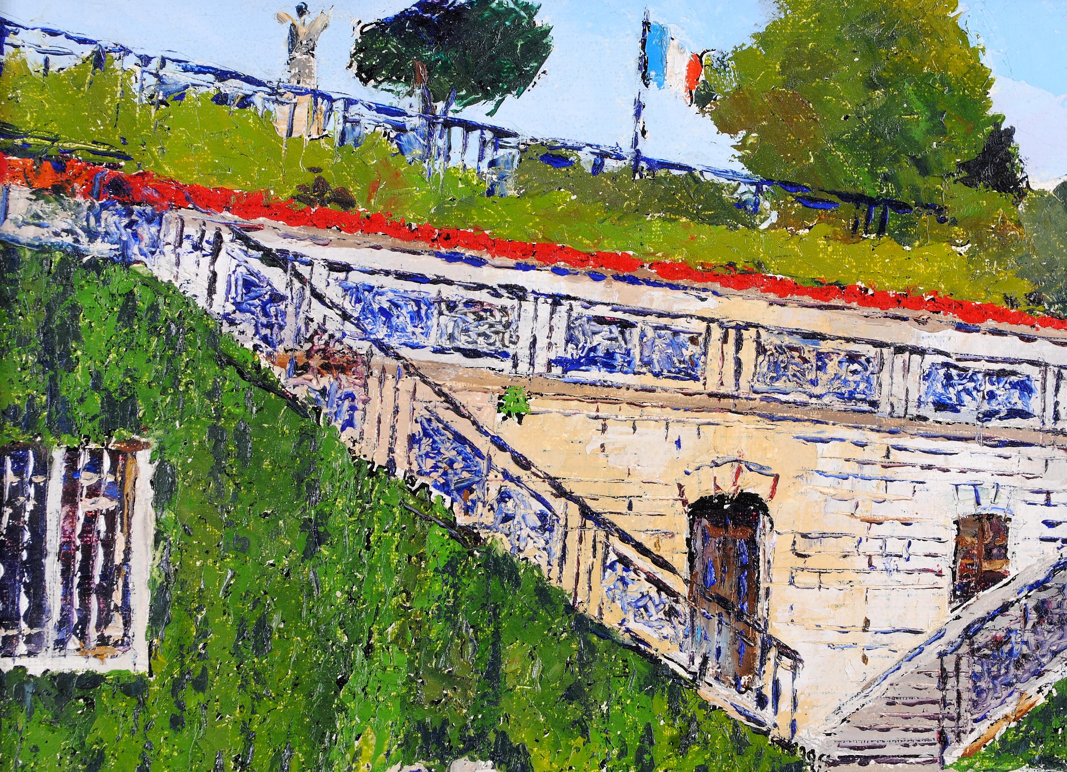 Staircase of the Old Chateau - Modern French Street Landscape Figures Painting For Sale 3
