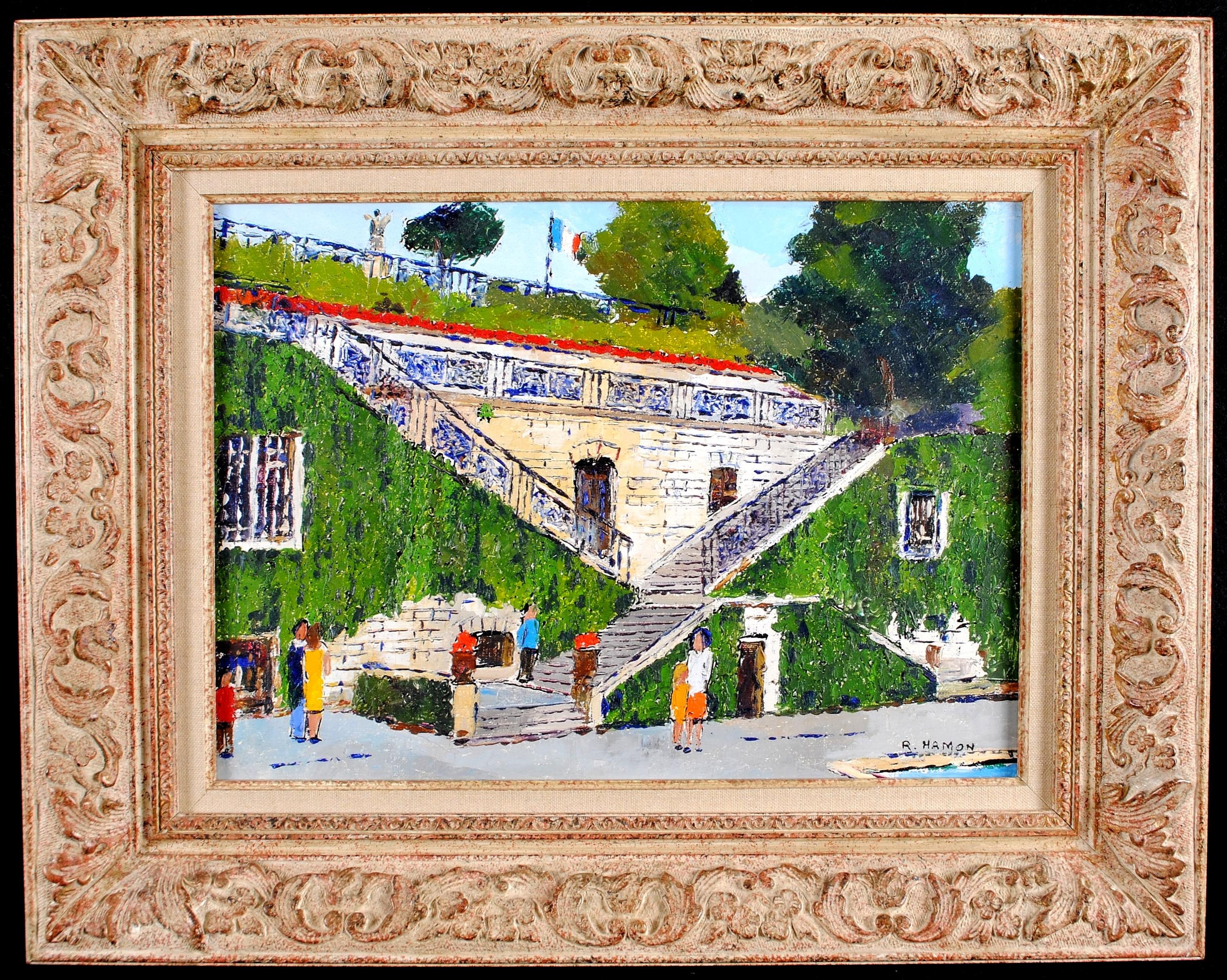 Roland Hamon Landscape Painting - Staircase of the Old Chateau - Modern French Street Landscape Figures Painting