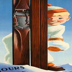 Roland Hugon, Original Vintage Travel Poster, Snow, Mountain, Ski, 1938