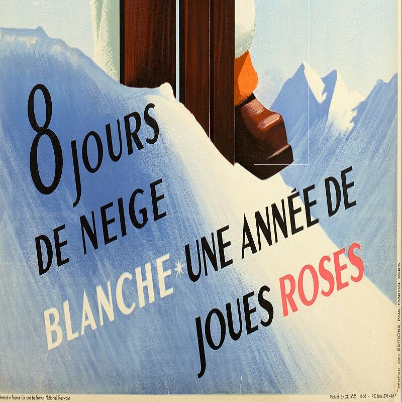 Art déco Roland Hugon, affiche de voyage originale vintage, Neige, Montagne, Ski, 1938 en vente