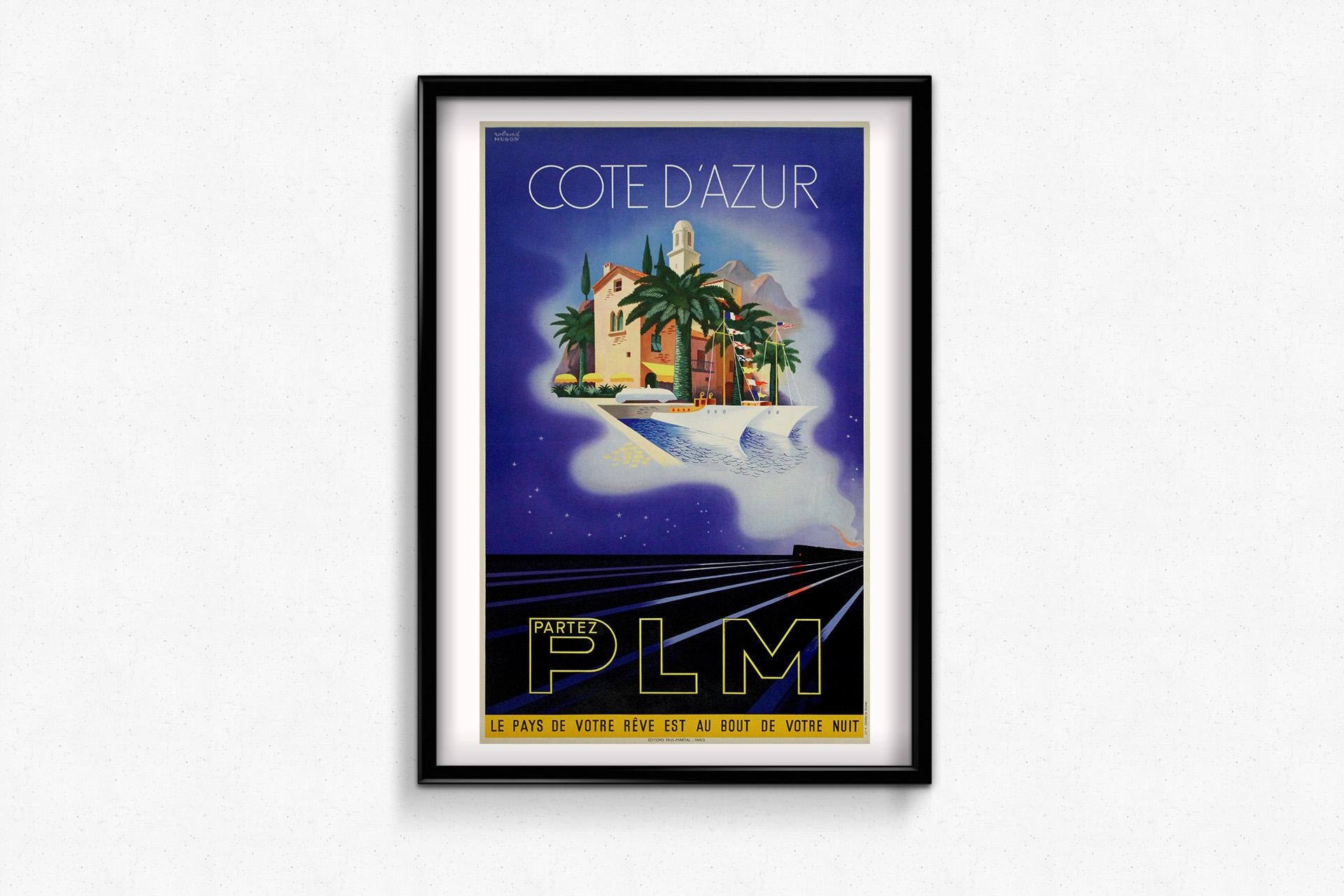 1937 Original-Reiseplakat von Roland Hugon - PLM Französische Riviera - Côte d'Azur im Angebot 1