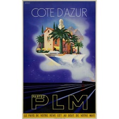1937 Original-Reiseplakat von Roland Hugon - PLM Französische Riviera - Côte d'Azur