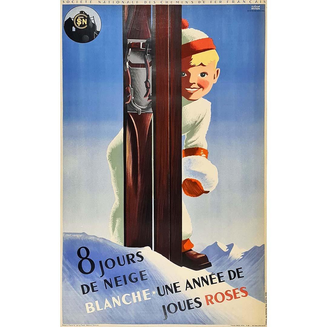 Beautiful original poster, very rare, produced for the SNCF to promote the mountain sites in the 30s.

It was realized by Roland Hugon. It shows a little boy, mischievous and full of vitality, snowball in hand, hiding behind a pair of wooden