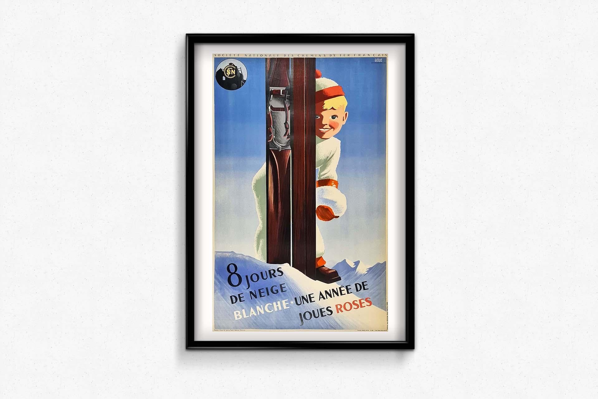 Affiche originale de 1938 8 jours de neige blanche, un an de cravates roses SNCF - Ski en vente 2