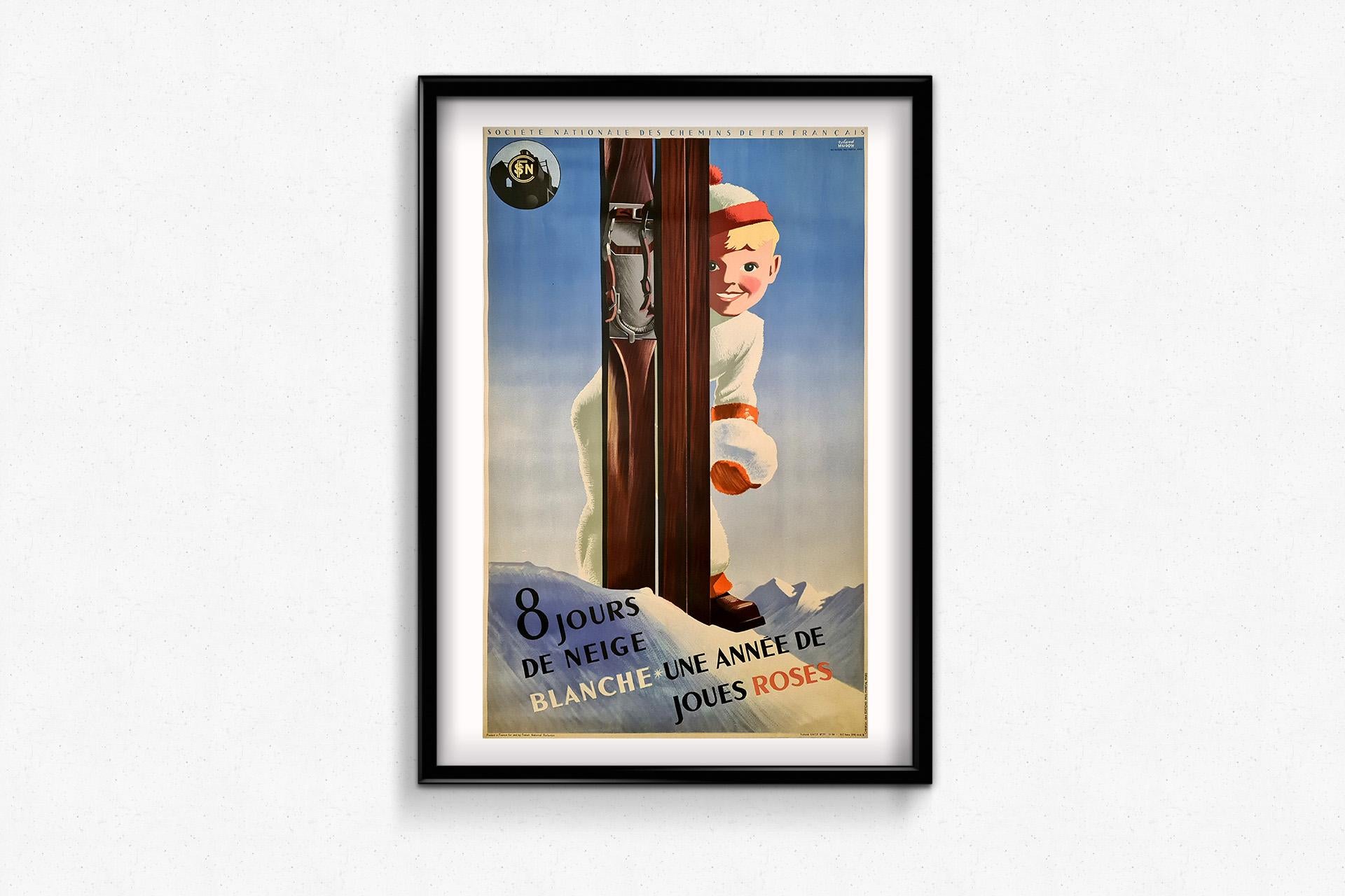 1938 original travel poster by Roland Hugon - 8 Days of White Snow For Sale 1