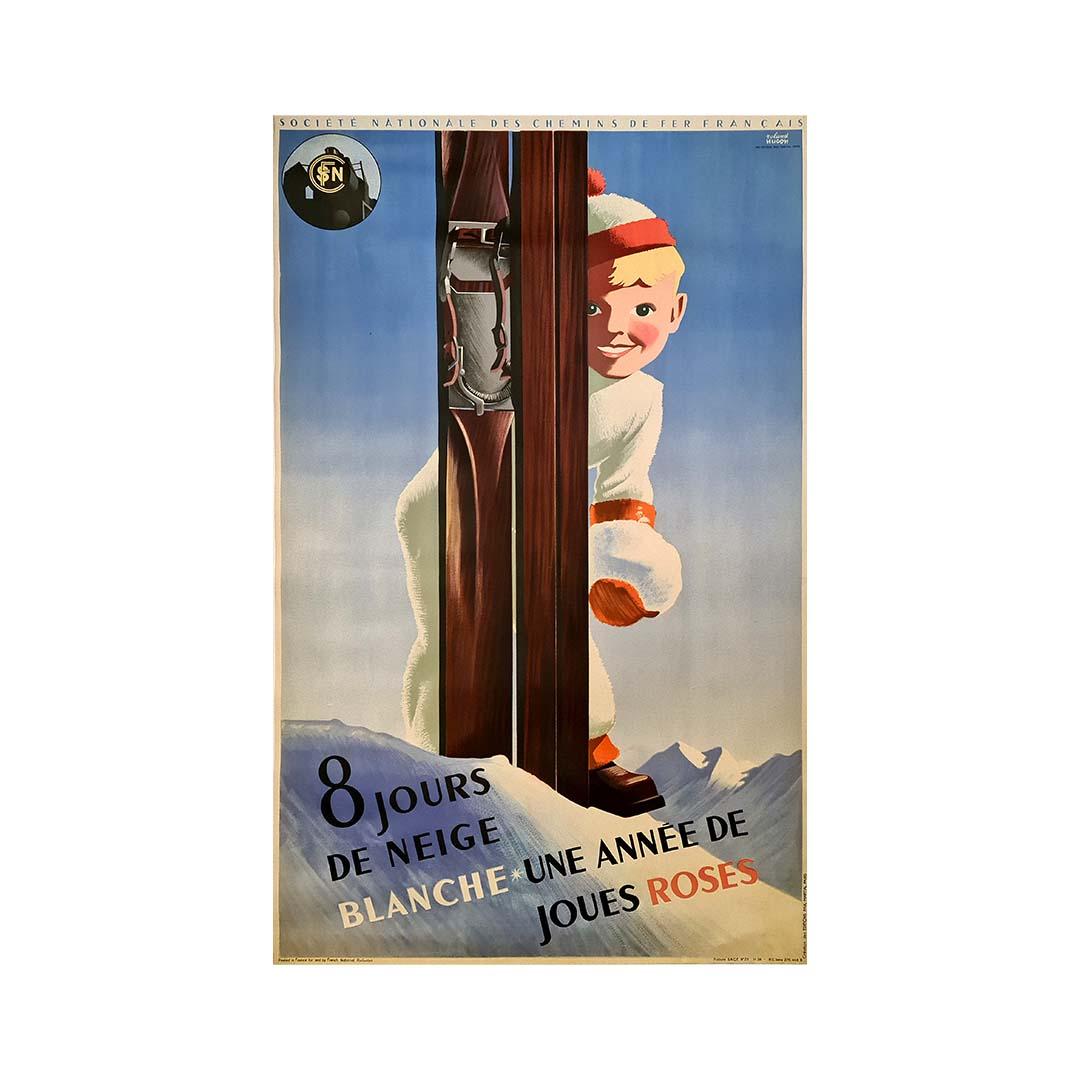 1938 original travel poster by Roland Hugon - 8 Days of White Snow For Sale 3