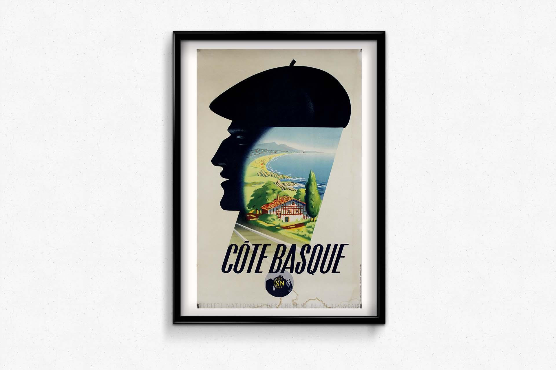 Affiche de voyage originale de Roland Hugon Chemins de fer nationaux français Côte Basque en vente 2