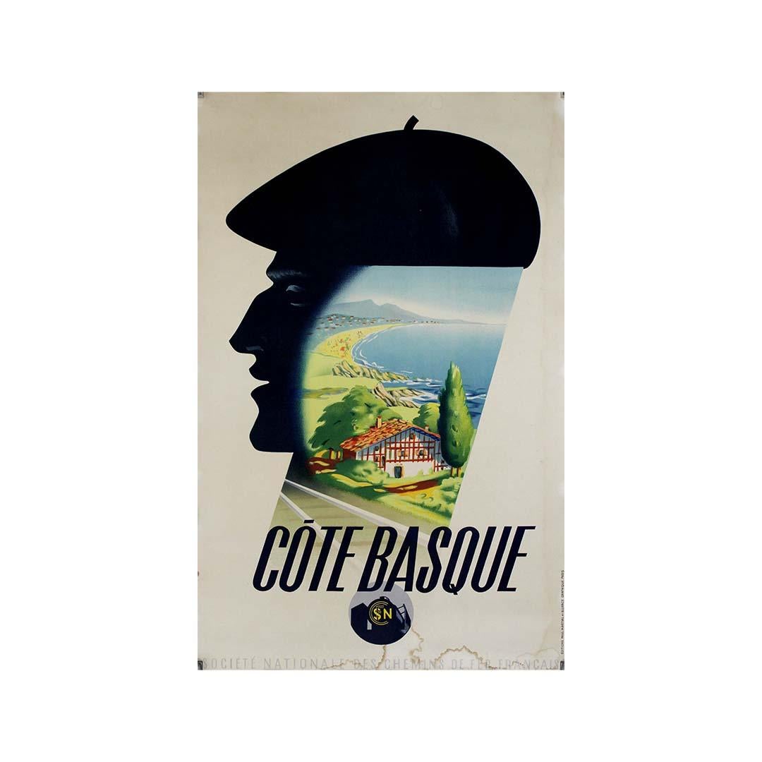 Affiche de voyage originale de Roland Hugon Chemins de fer nationaux français Côte Basque en vente 3