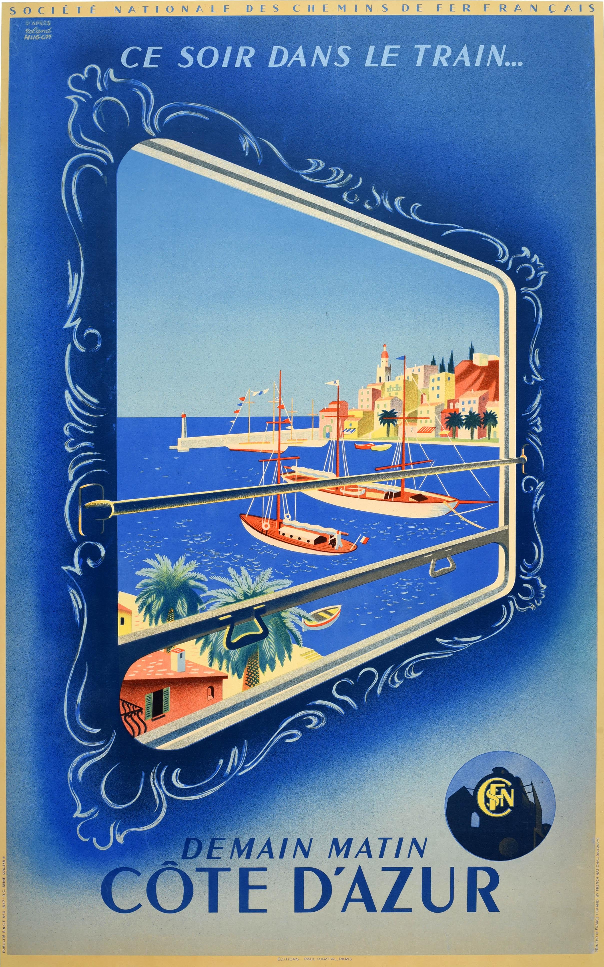 Roland Hugon Print - Original Vintage Railway Poster Ce Soir Dans Le Train Cote D'Azur French Riviera