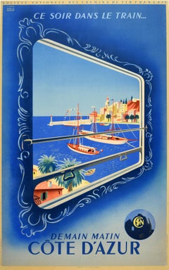 Affiche vintage d'origine Ce Soir dans le Train Côte d'Azur Riviera française
