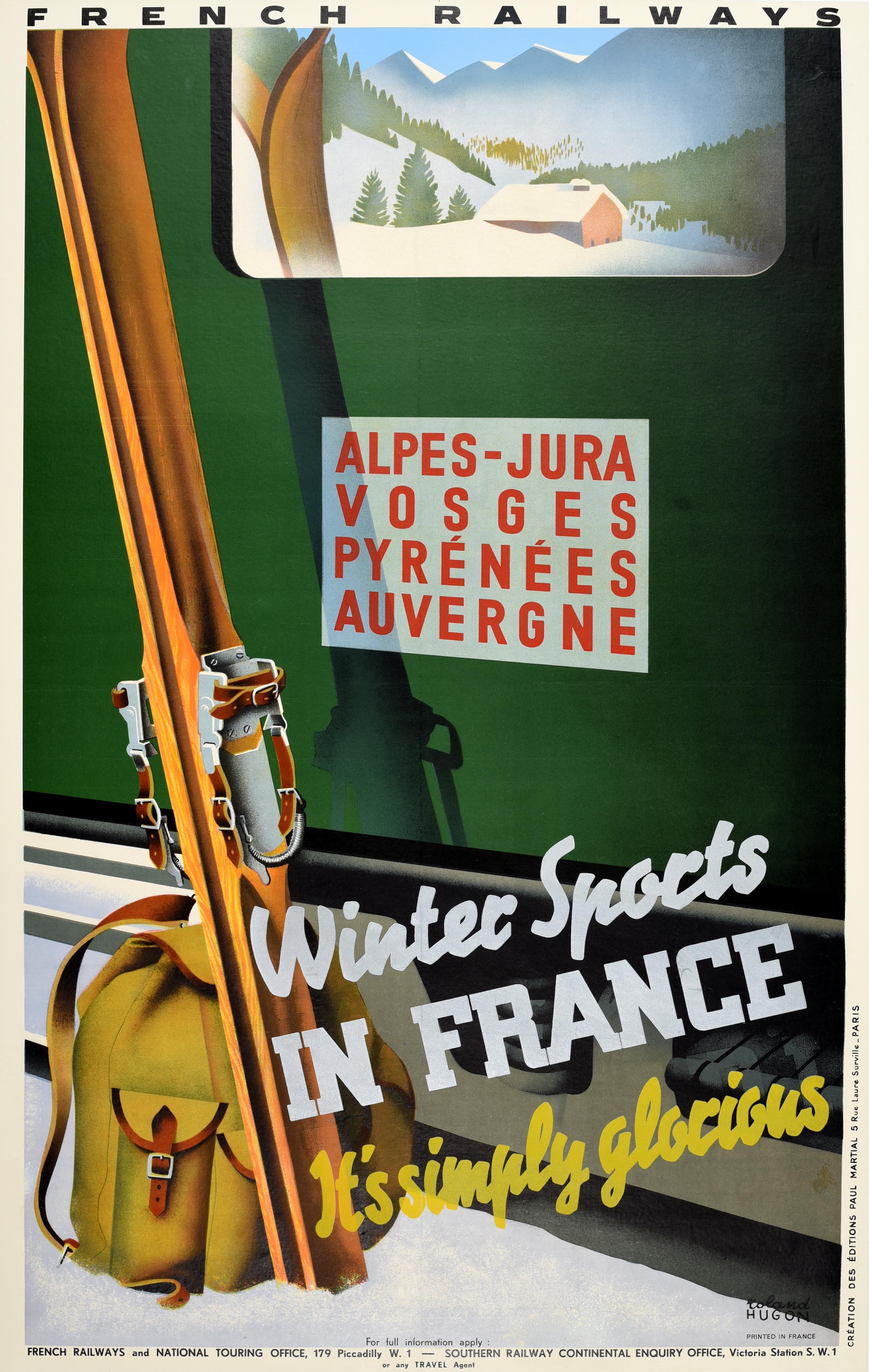 Roland Hugon Print - Original Vintage Skiing Travel Poster Winter Sports In France French Railways