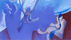 Large oil on canvas by Roland Jarvis 'Blue Swings', British, abstract