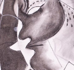 Monochrome acrylic painting of 3 figures by British artist Roland Jarvis