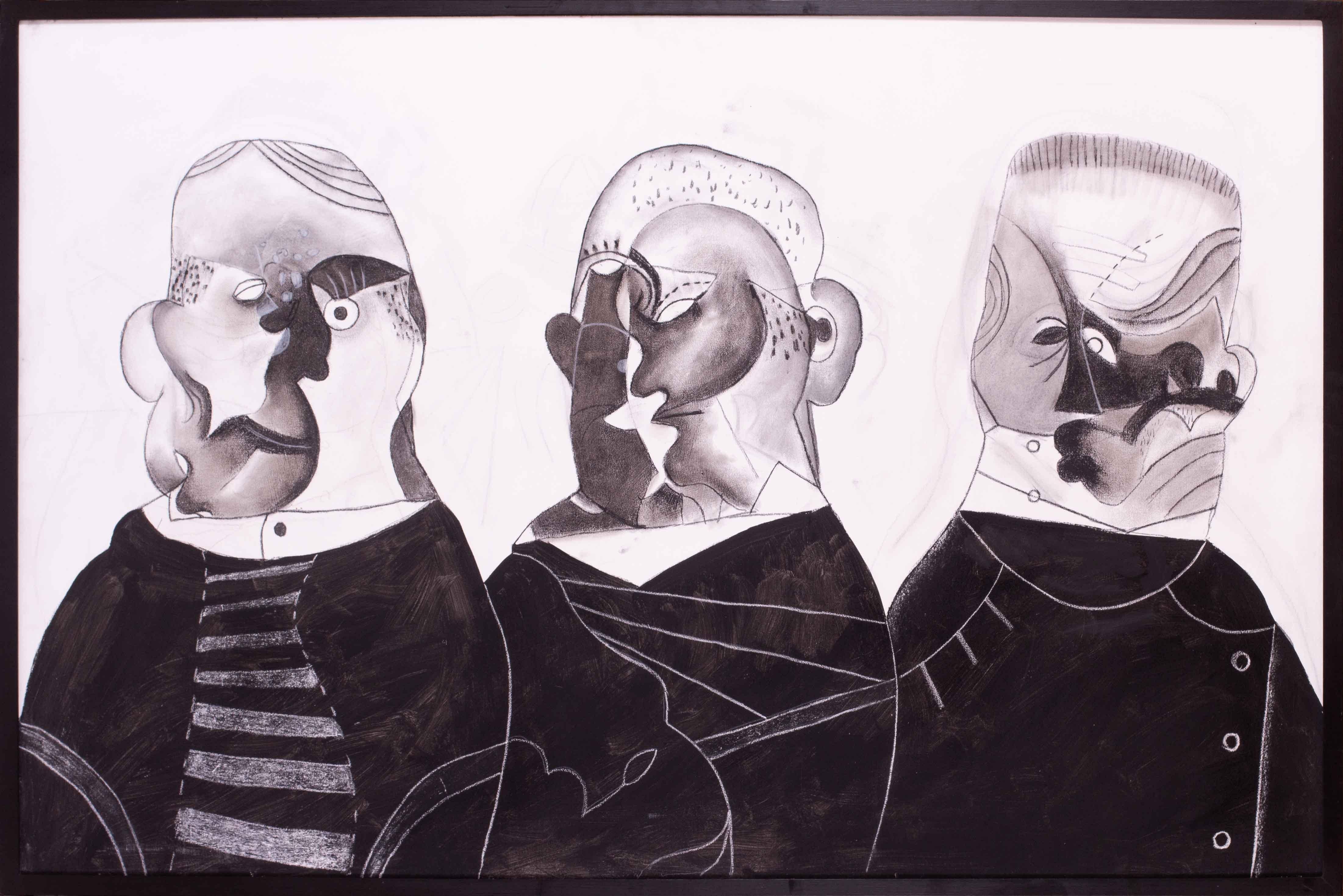 Peinture acrylique monochrome de 3 personnages par l'artiste britannique Roland Jarvis. en vente 5