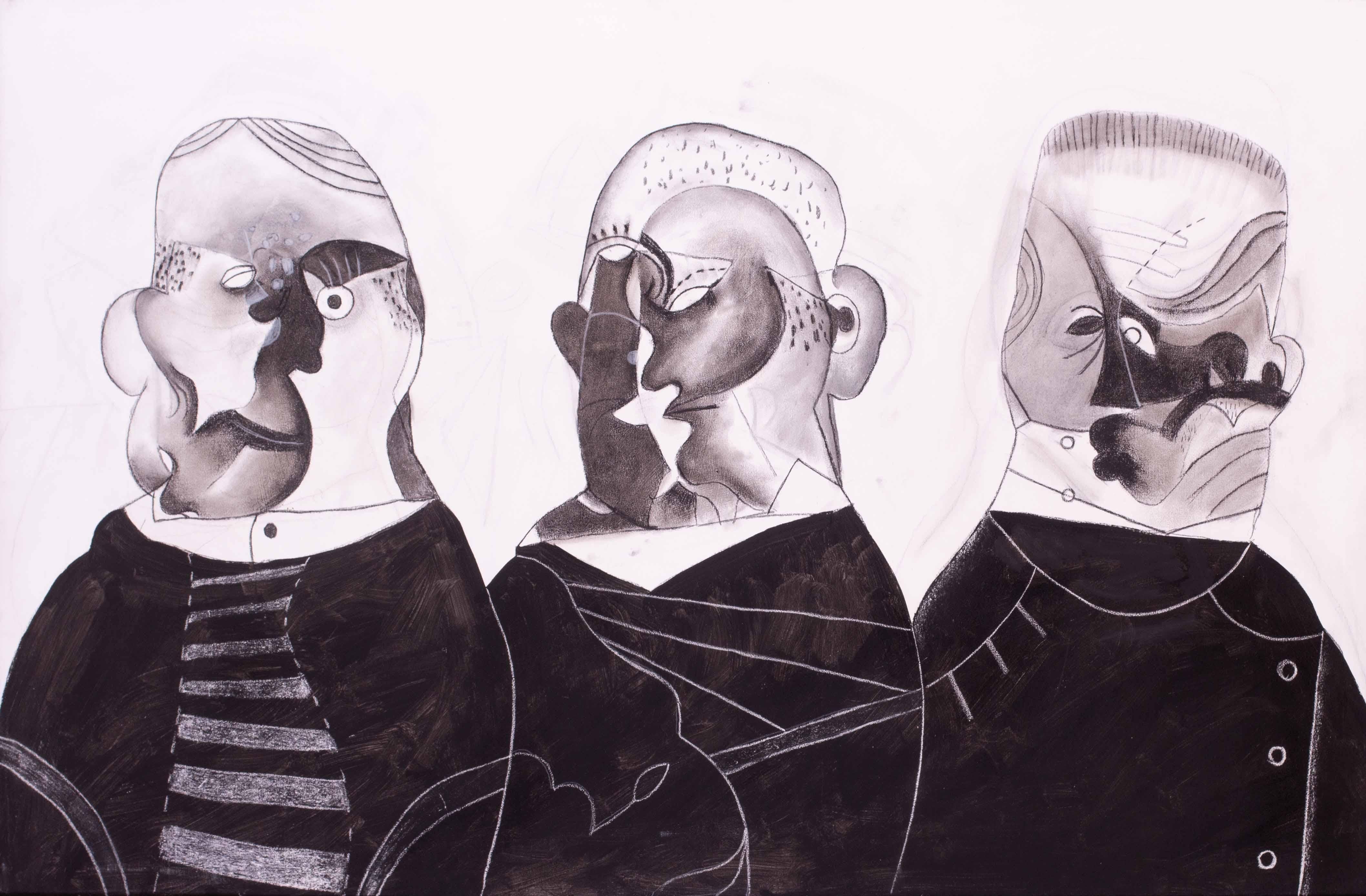 Roland Jarvis (britannique, 1926 - 2016)
Les bons gars
Crayon et acrylique sur toile
34.1/4 x 51.3/4 in. (86.8 x 131.8 cm.)
Provenance : Famille de l'artiste

Roland Jarvis est un peintre et graveur, né d'une mère française et d'un père anglais,