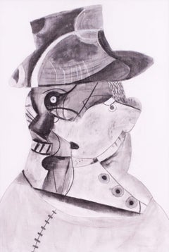 Monochrome acrylic painting of a hatted head by British artist Roland Jarvis