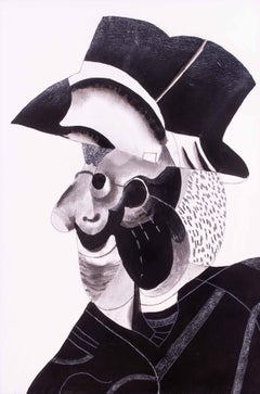Monochrome acrylic painting of a hatted head by British artist Roland Jarvis