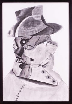 Monochrome acrylic painting of a hatted head by British artist Roland Jarvis