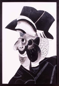 Monochrome acrylic painting of a hatted head by British artist Roland Jarvis