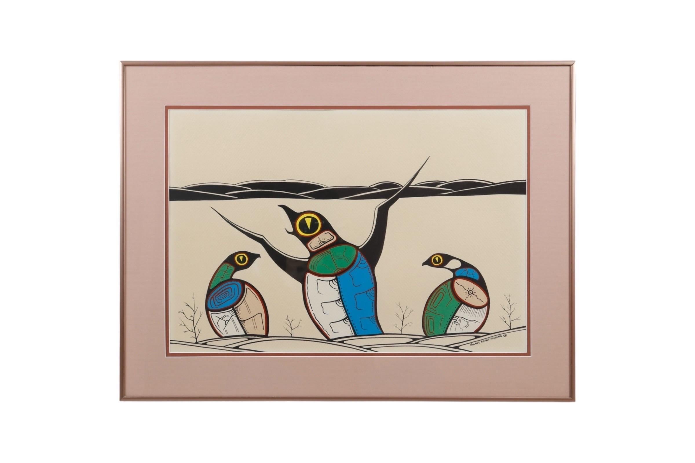 A set of three framed Woodland School pen and ink drawings by Roland Kakegamic, Canadian First Nations artist (b.1958). Scenes depict families of loons, and a bird man with a bird and fish. Each print is signed and dated - two ‘88 and one ‘84. Set