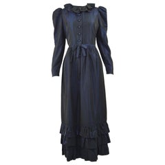 Roland Klein Vintage 1970s Victorian Inspired Dark Blue Taffeta Evening Gown