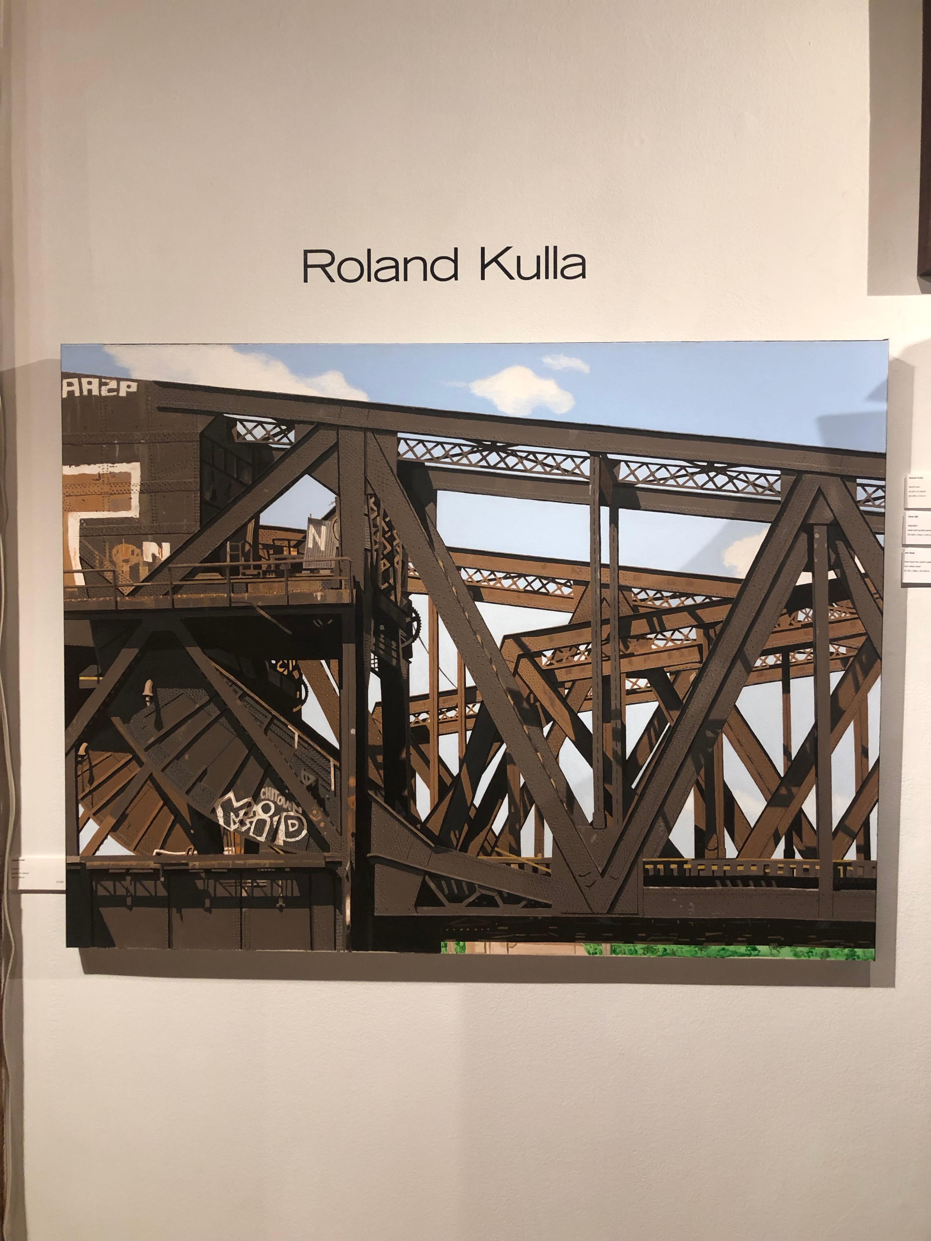 8 Track I - Graffiti and rust covered bridge contemporary photorealist painting - Painting by Roland Kulla