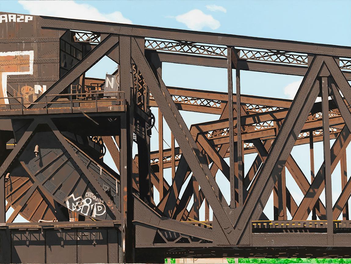 8 Track I - Graffiti- und rostbeschichtete Brücke, zeitgenössisches fotorealistisches Gemälde