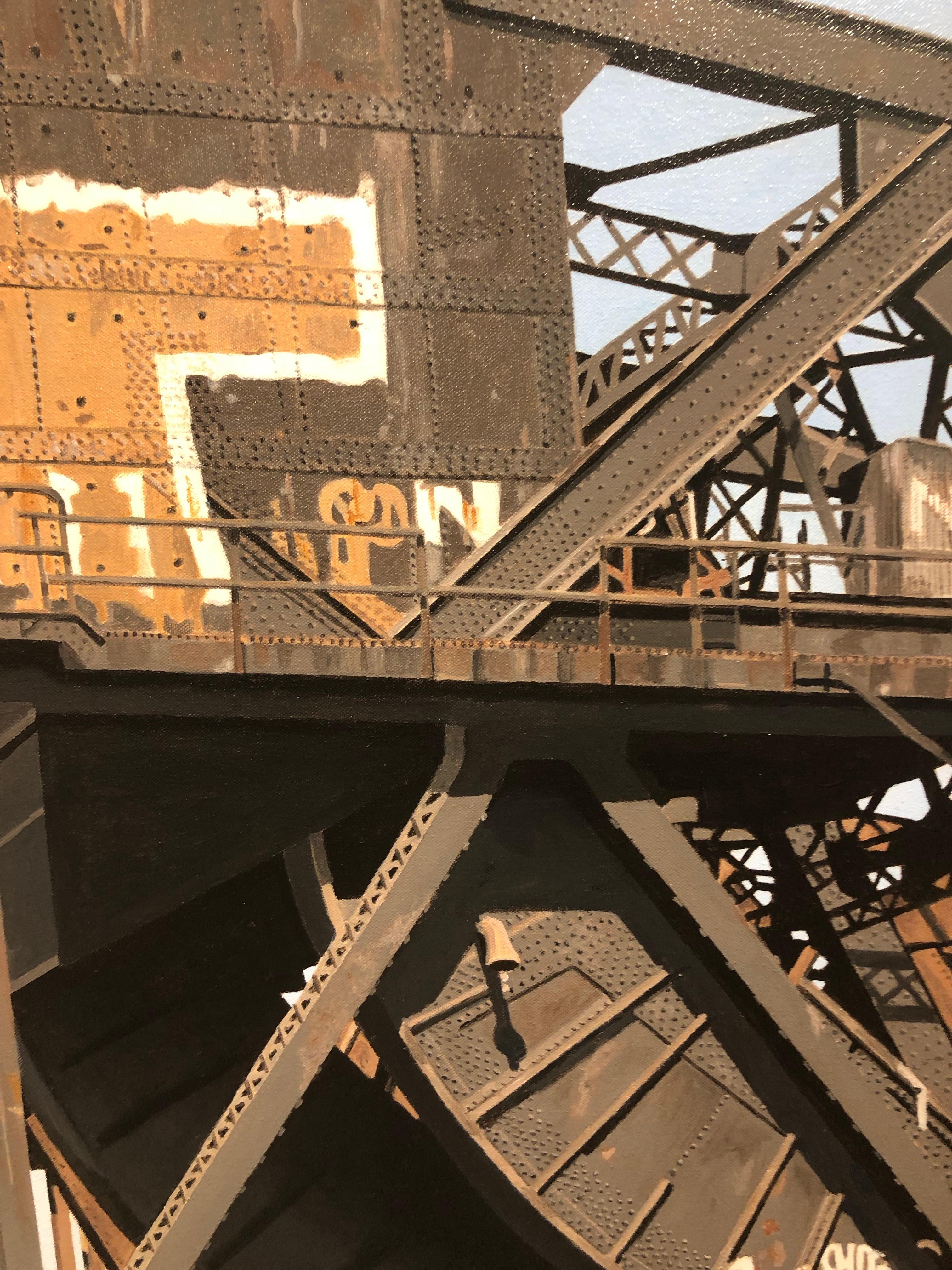 8 Track II - Graffiti and rust covered bridge contemporary photorealist painting (Fotorealismus), Painting, von Roland Kulla