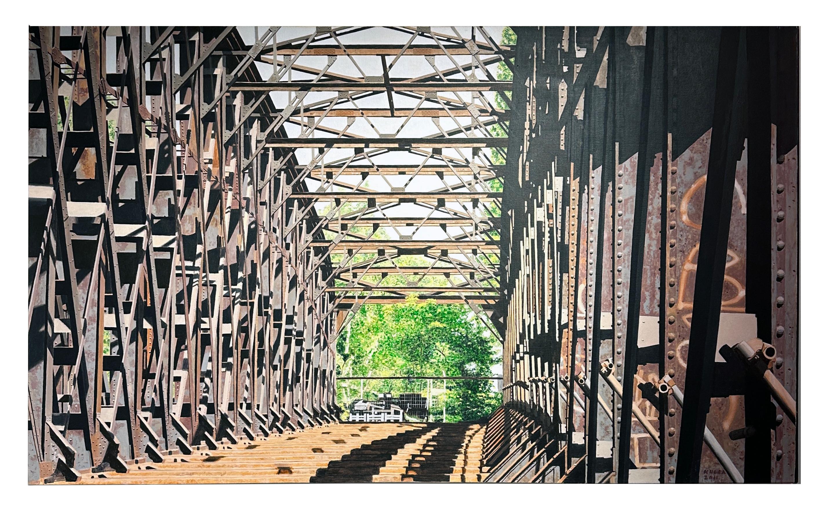 Liesenbruken, Verlassene Eisenbahnbrücke, Zeitgenössische fotorealistische Malerei – Painting von Roland Kulla