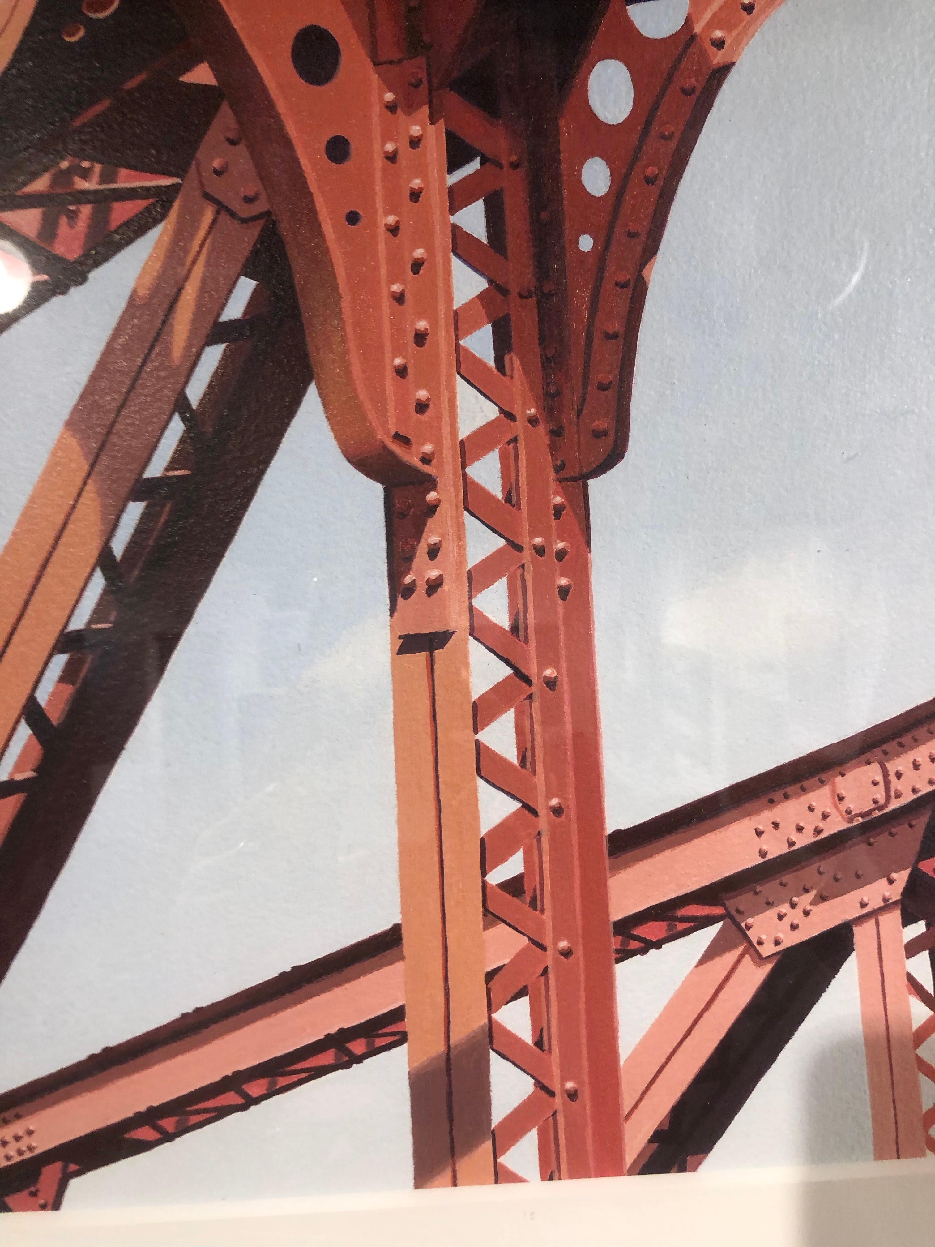 North Ave. – Rote Eisenstahlgirderbrücke, zeitgenössisches fotorealistisches Gemälde (Fotorealismus), Painting, von Roland Kulla